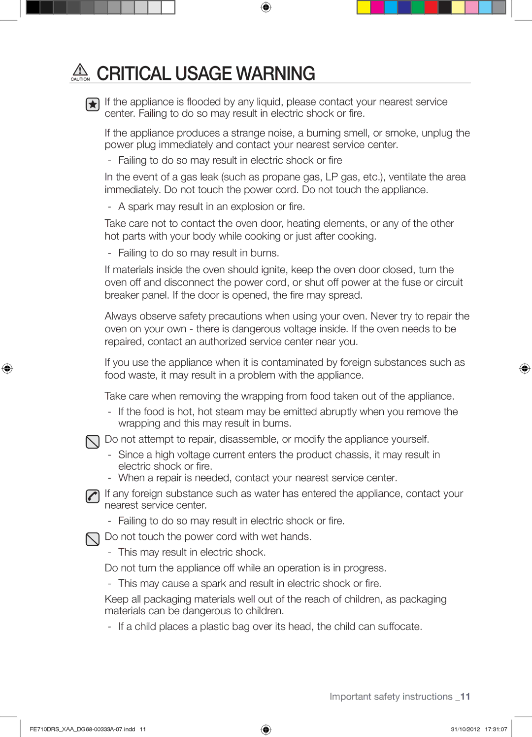 Samsung FE710DRSXXA user manual Important safety instructions 