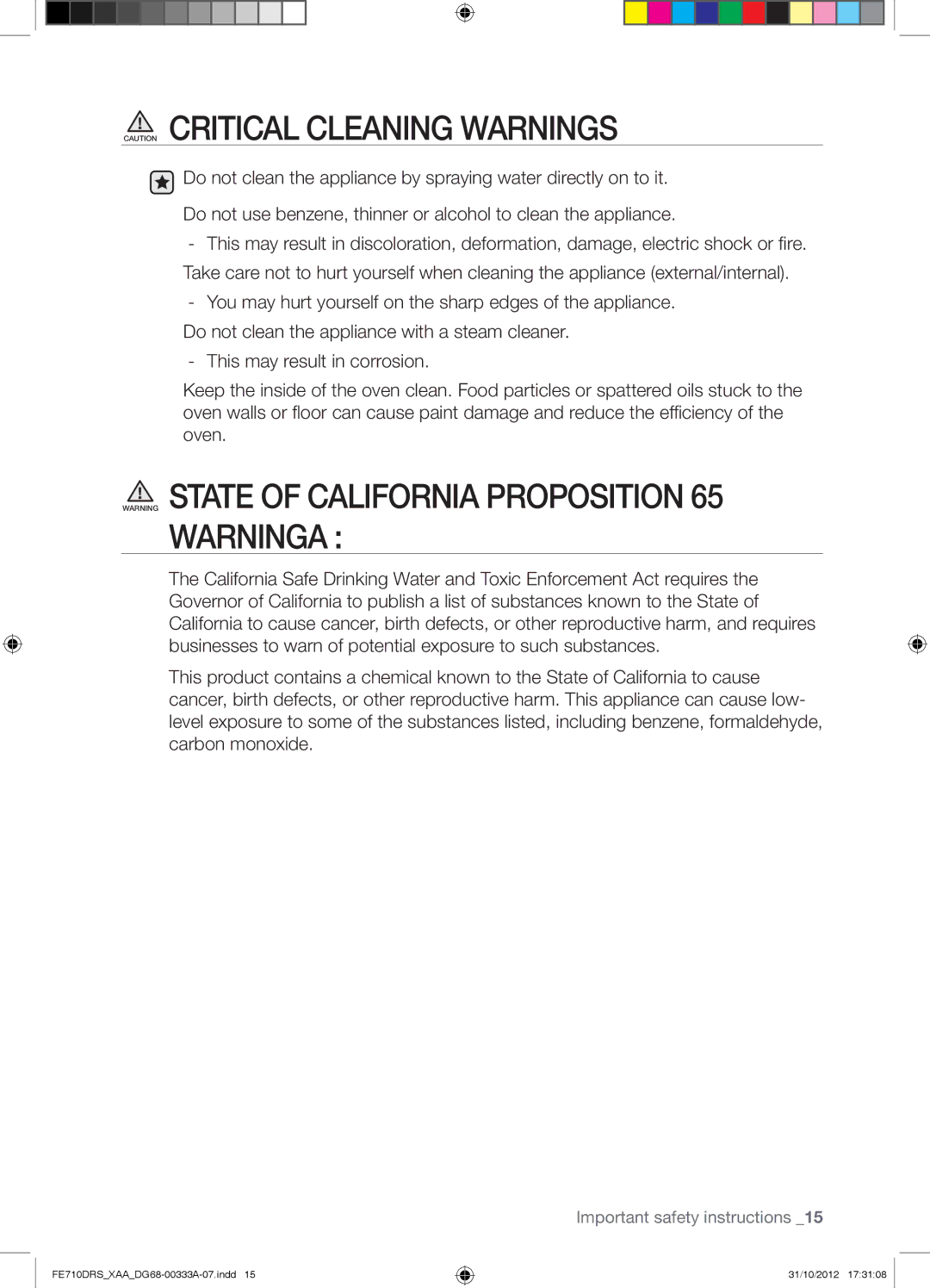 Samsung FE710DRSXXA user manual Important safety instructions 