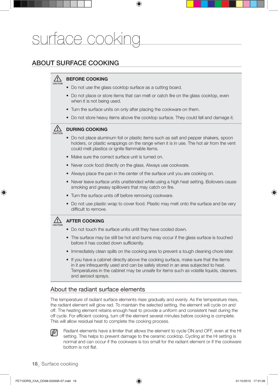 Samsung FE710DRSXXA user manual Surface cooking, About Surface Cooking, About the radiant surface elements 