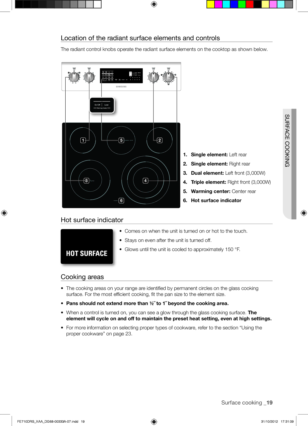 Samsung FE710DRSXXA user manual Location of the radiant surface elements and controls, Hot surface indicator, Cooking areas 