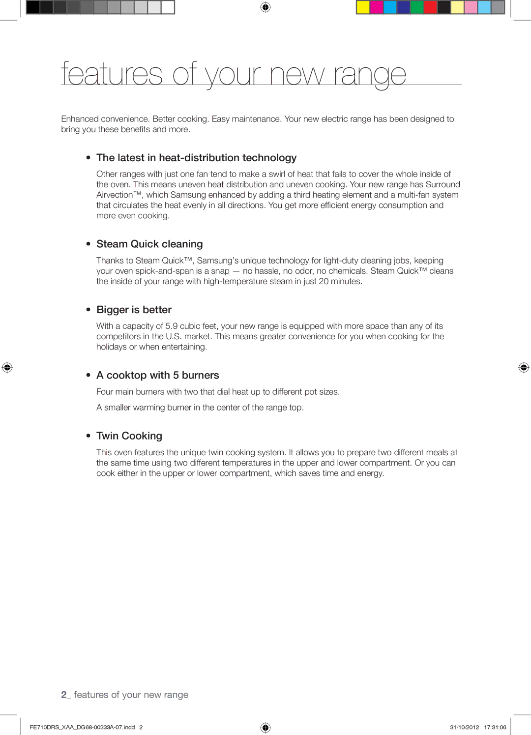 Samsung FE710DRSXXA user manual Features of your new range, Latest in heat-distribution technology 