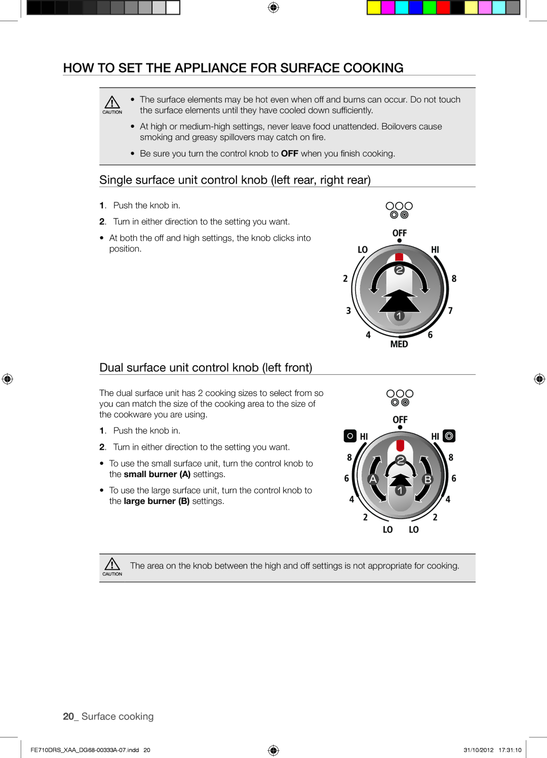 Samsung FE710DRS HOW to SET the Appliance for Surface Cooking, Single surface unit control knob left rear, right rear 