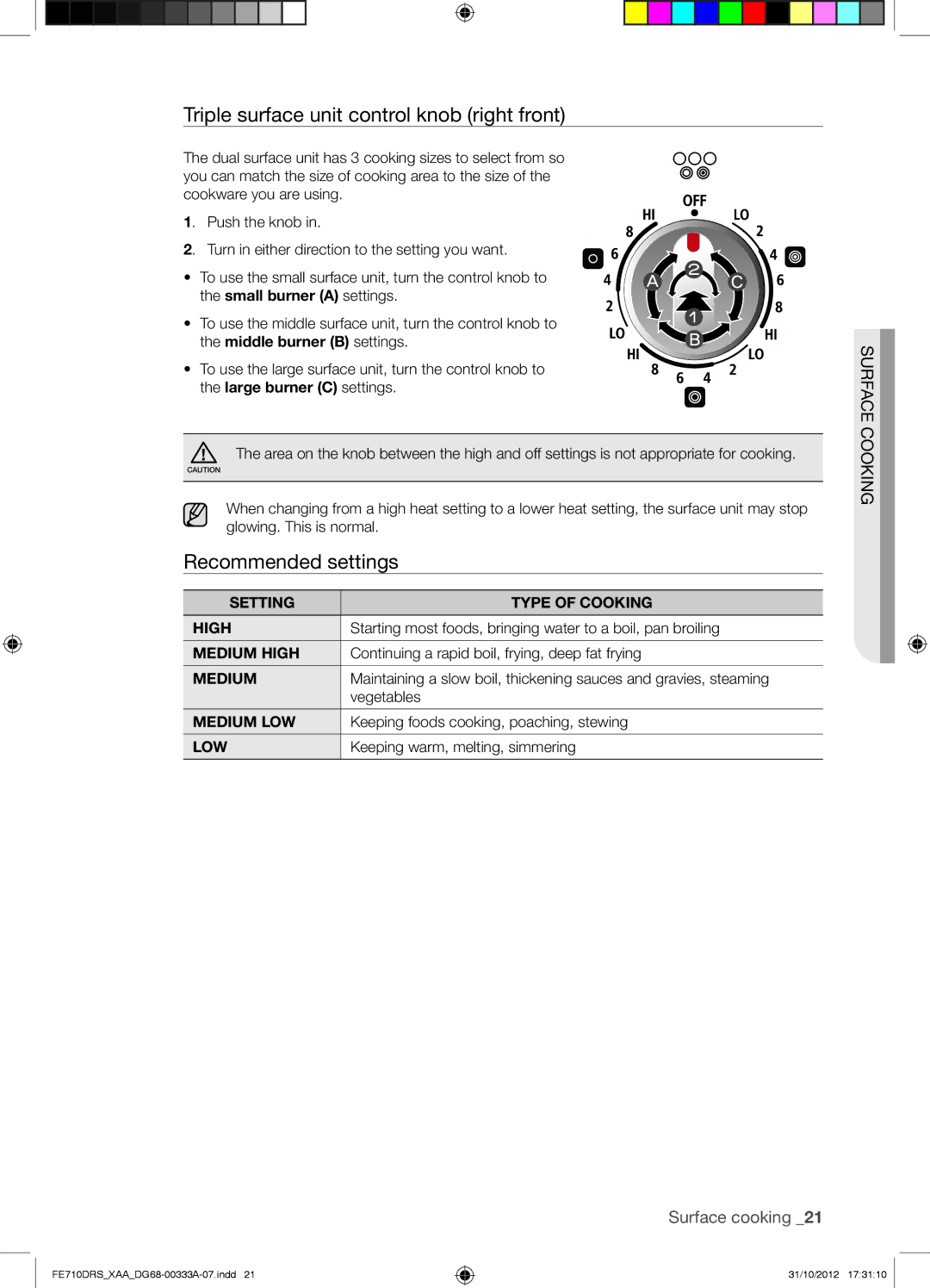 Samsung FE710DRSXXA user manual Triple surface unit control knob right front, Recommended settings 