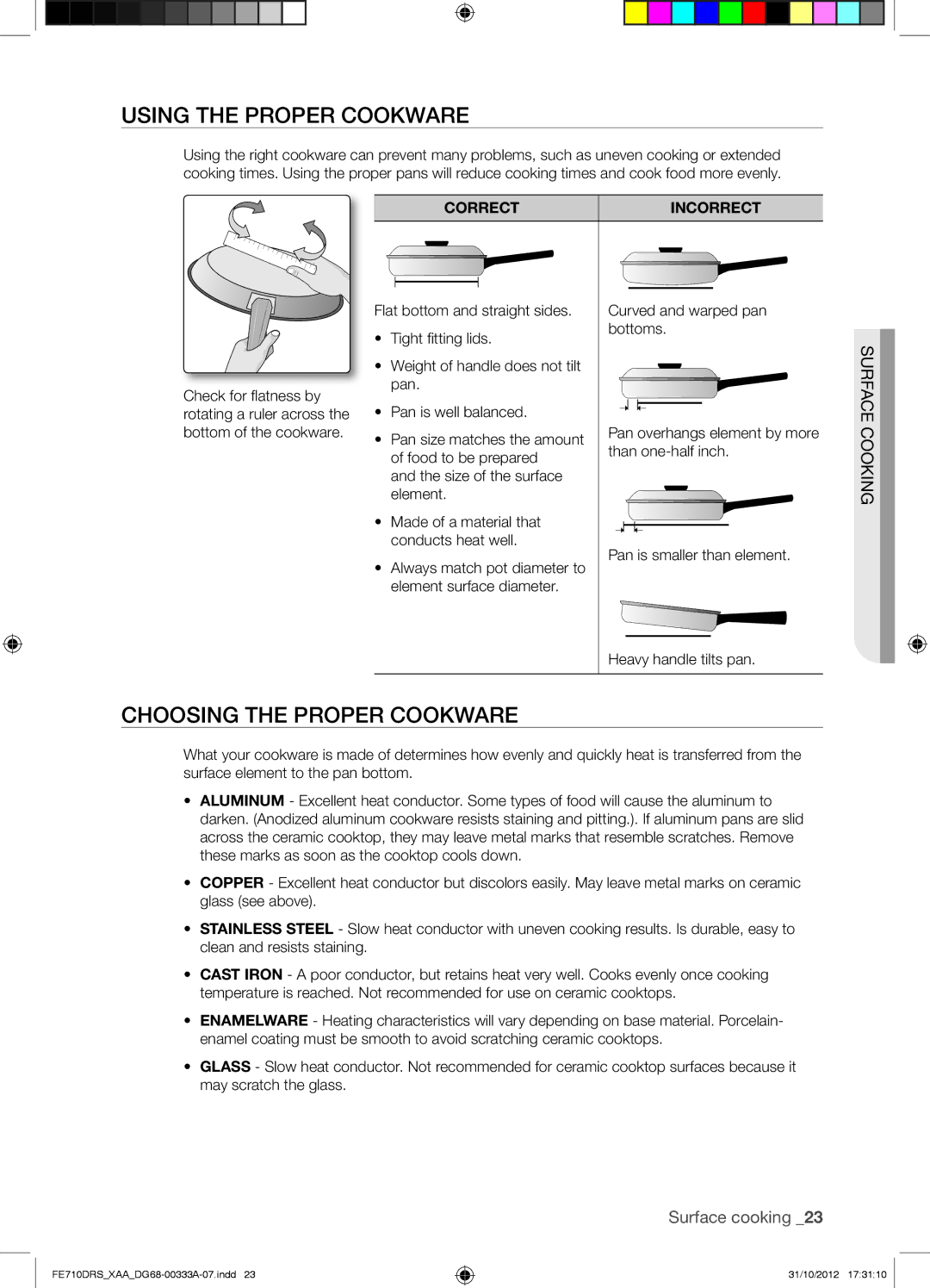 Samsung FE710DRSXXA user manual Using the Proper Cookware, Choosing the Proper Cookware, Correct Incorrect 