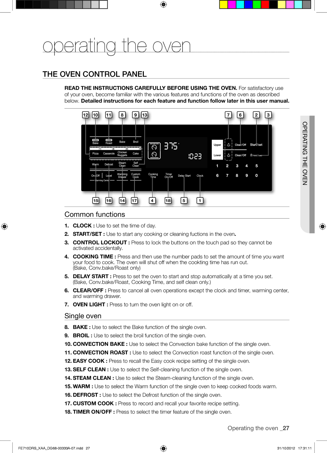 Samsung FE710DRSXXA user manual Operating the oven, Oven Control Panel, Common functions, Single oven, Operating the Oven 