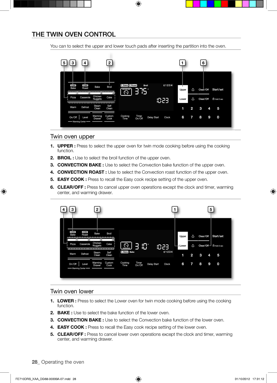 Samsung FE710DRSXXA user manual Twin Oven Control, Twin oven upper, Twin oven lower 