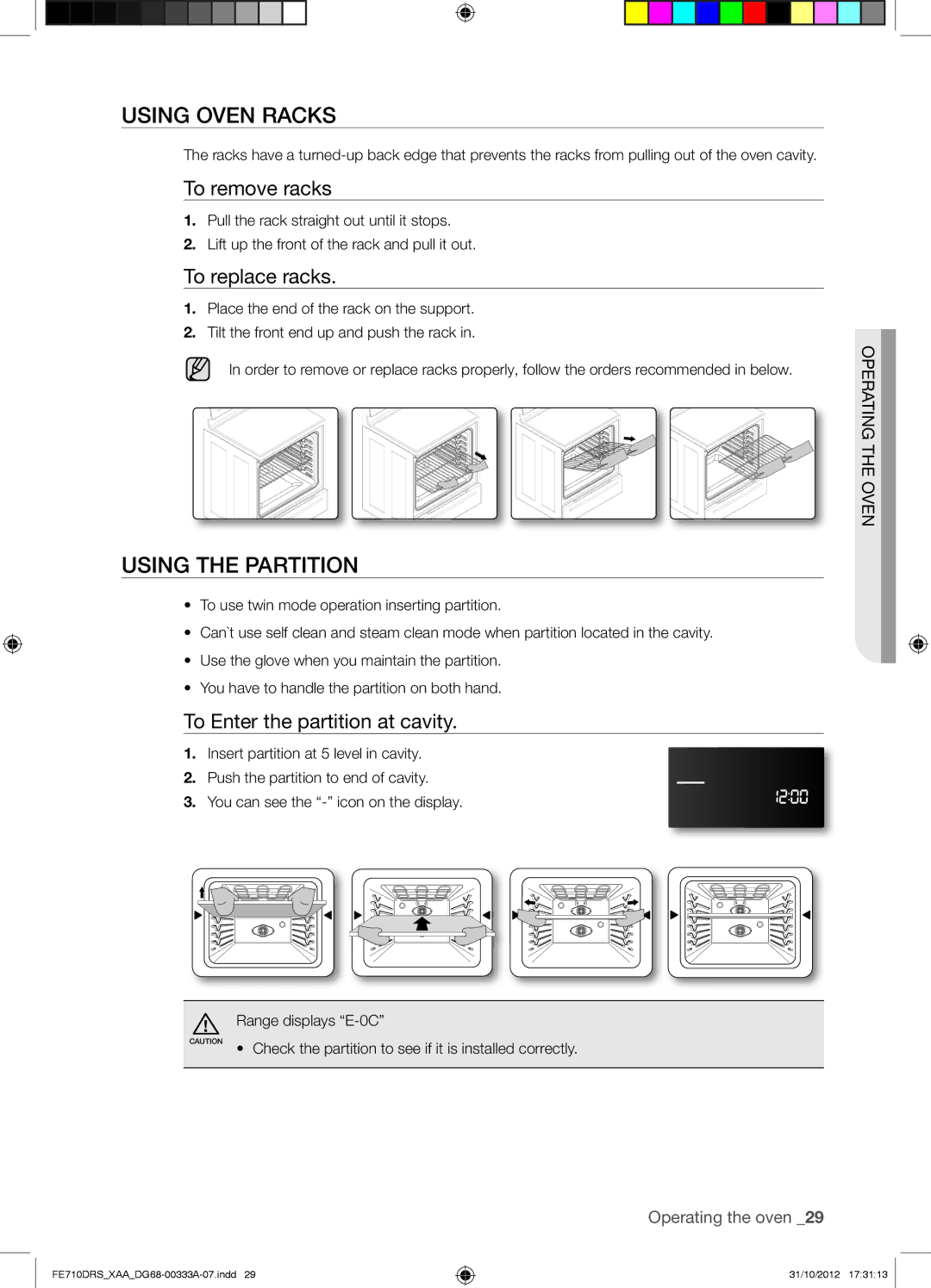 Samsung FE710DRSXXA user manual Using Oven Racks, Using the Partition, To remove racks, To replace racks 