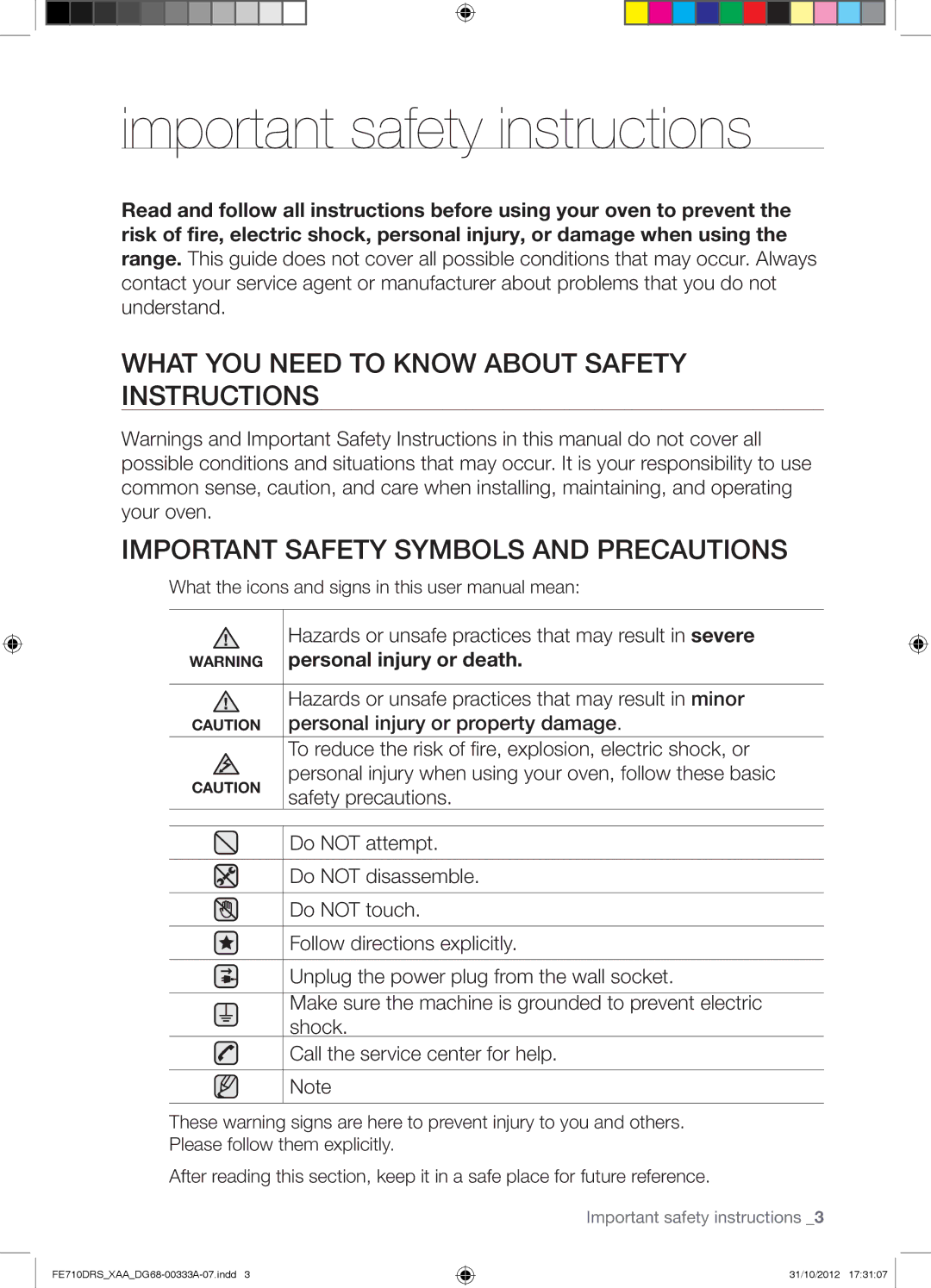 Samsung FE710DRSXXA user manual Important safety instructions 