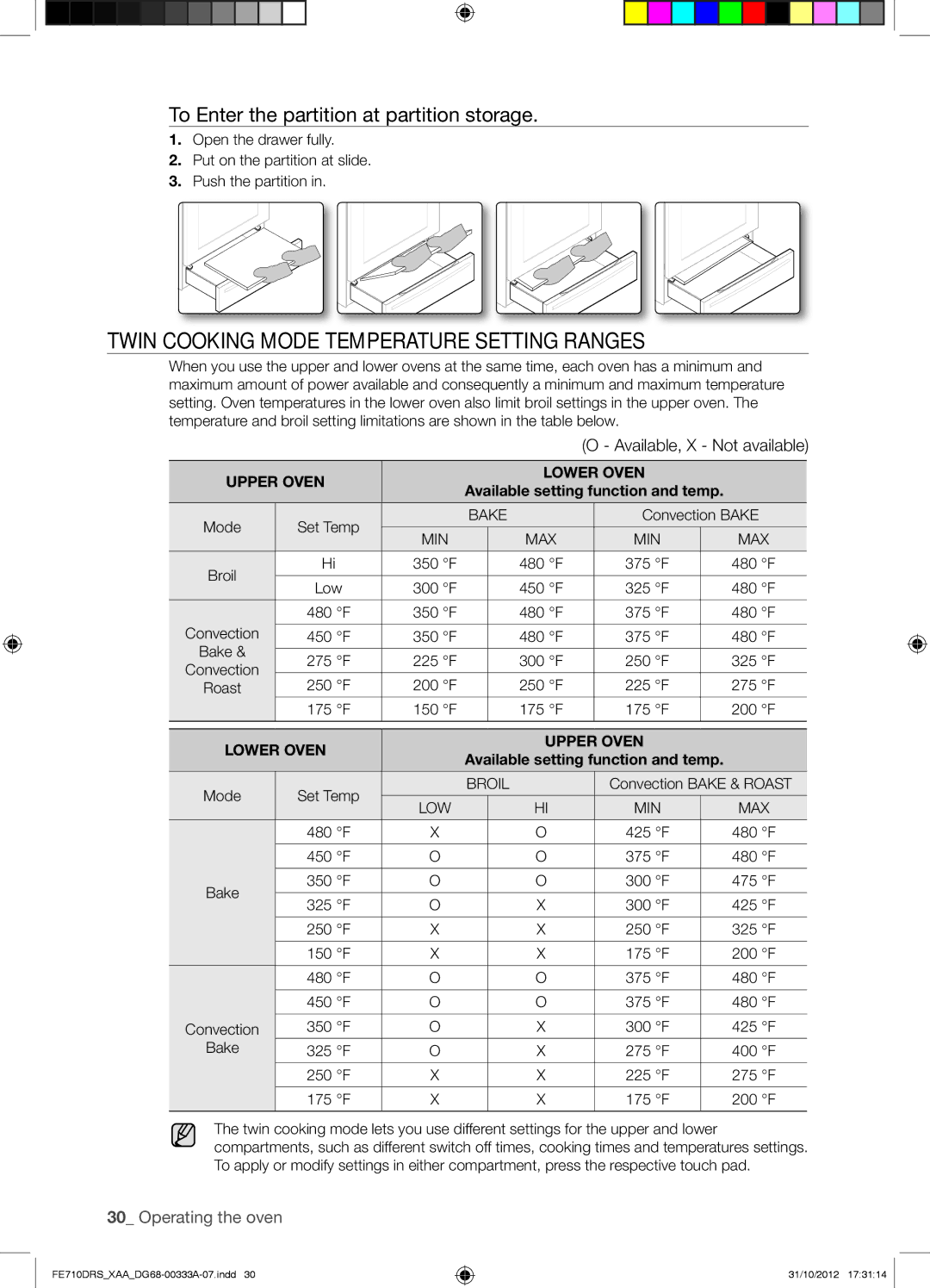 Samsung FE710DRSXXA Twin Cooking Mode Temperature Setting Ranges, To Enter the partition at partition storage 