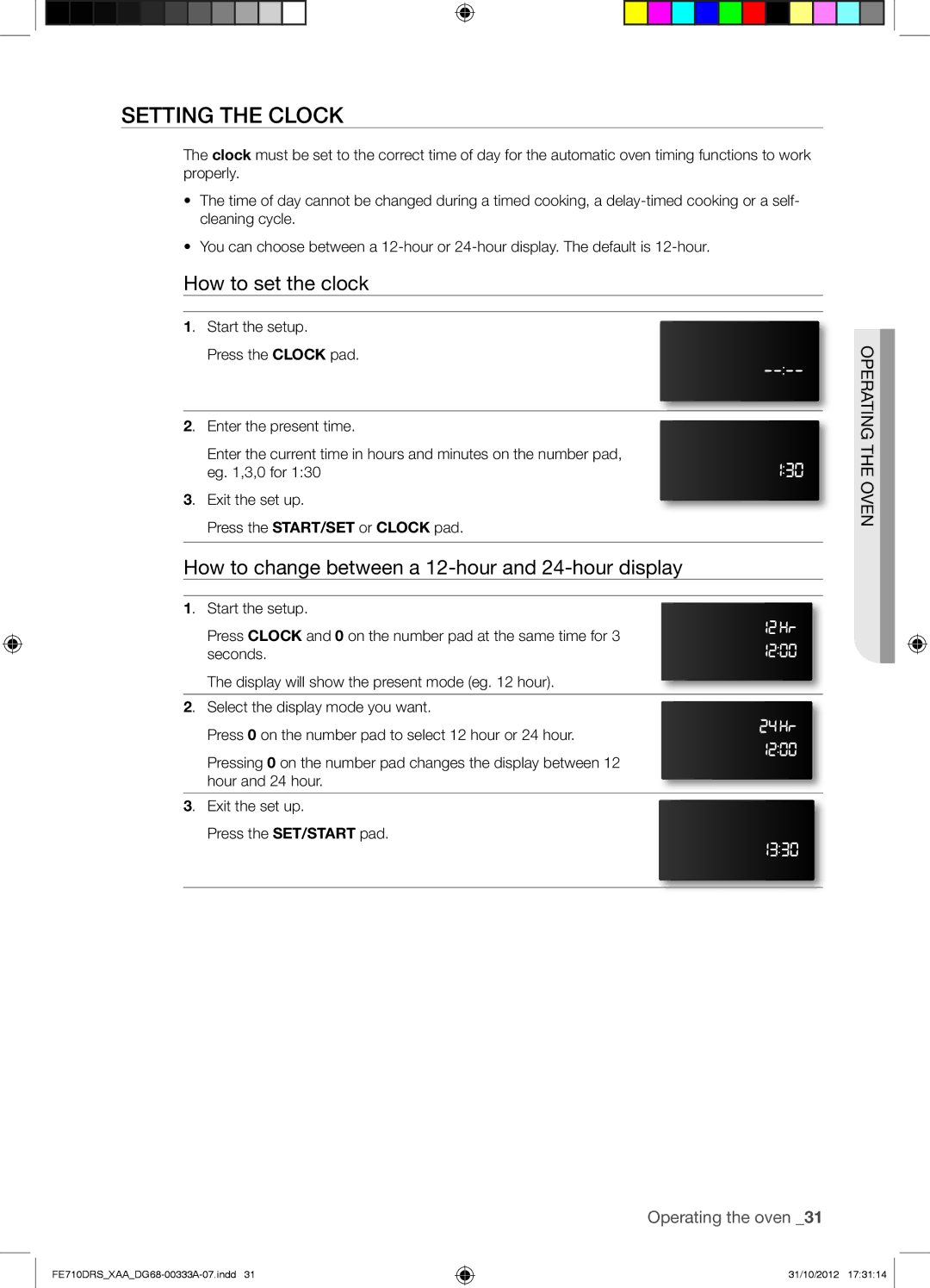 Samsung FE710DRSXXA Setting the Clock, How to set the clock, How to change between a 12-hour and 24-hour display 