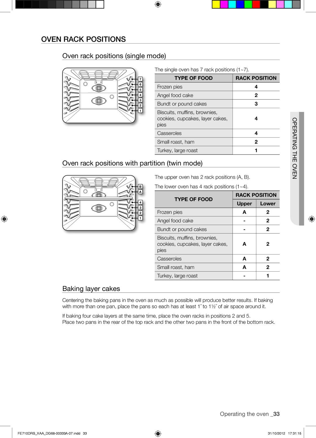 Samsung FE710DRSXXA Oven Rack Positions, Oven rack positions single mode, Oven rack positions with partition twin mode 