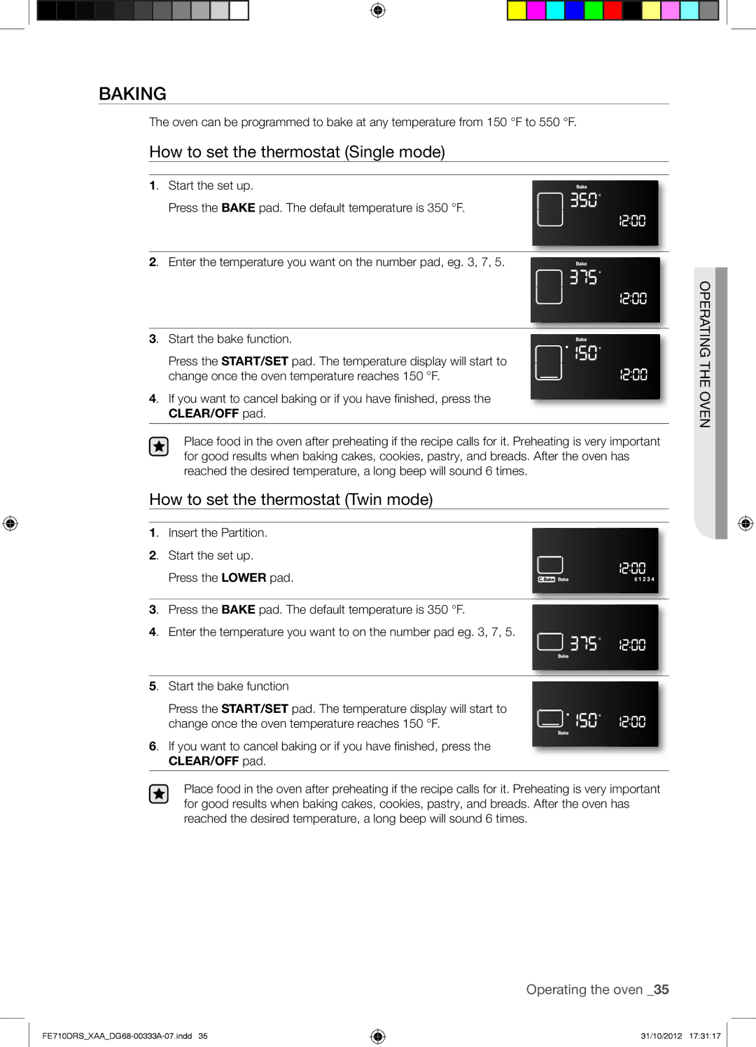 Samsung FE710DRSXXA user manual Baking, How to set the thermostat Single mode, How to set the thermostat Twin mode 