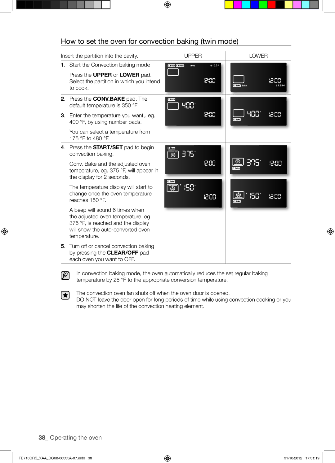 Samsung FE710DRSXXA user manual How to set the oven for convection baking twin mode, Upper Lower 