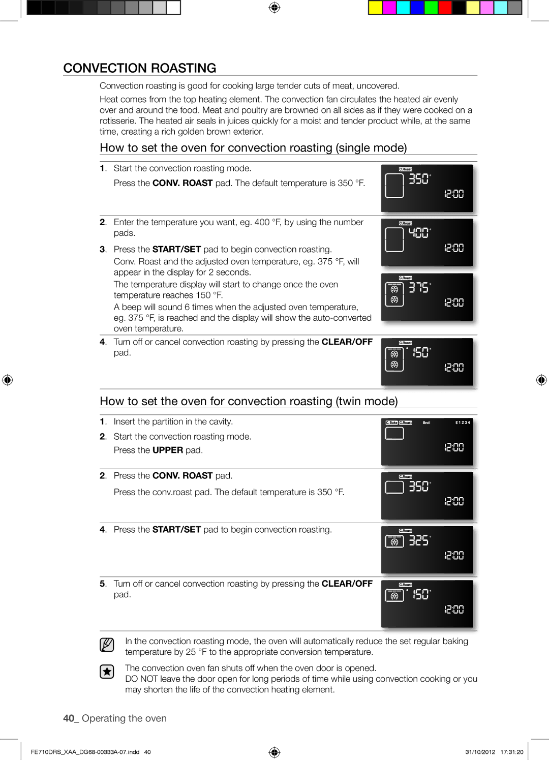 Samsung FE710DRSXXA user manual Convection Roasting, How to set the oven for convection roasting single mode 