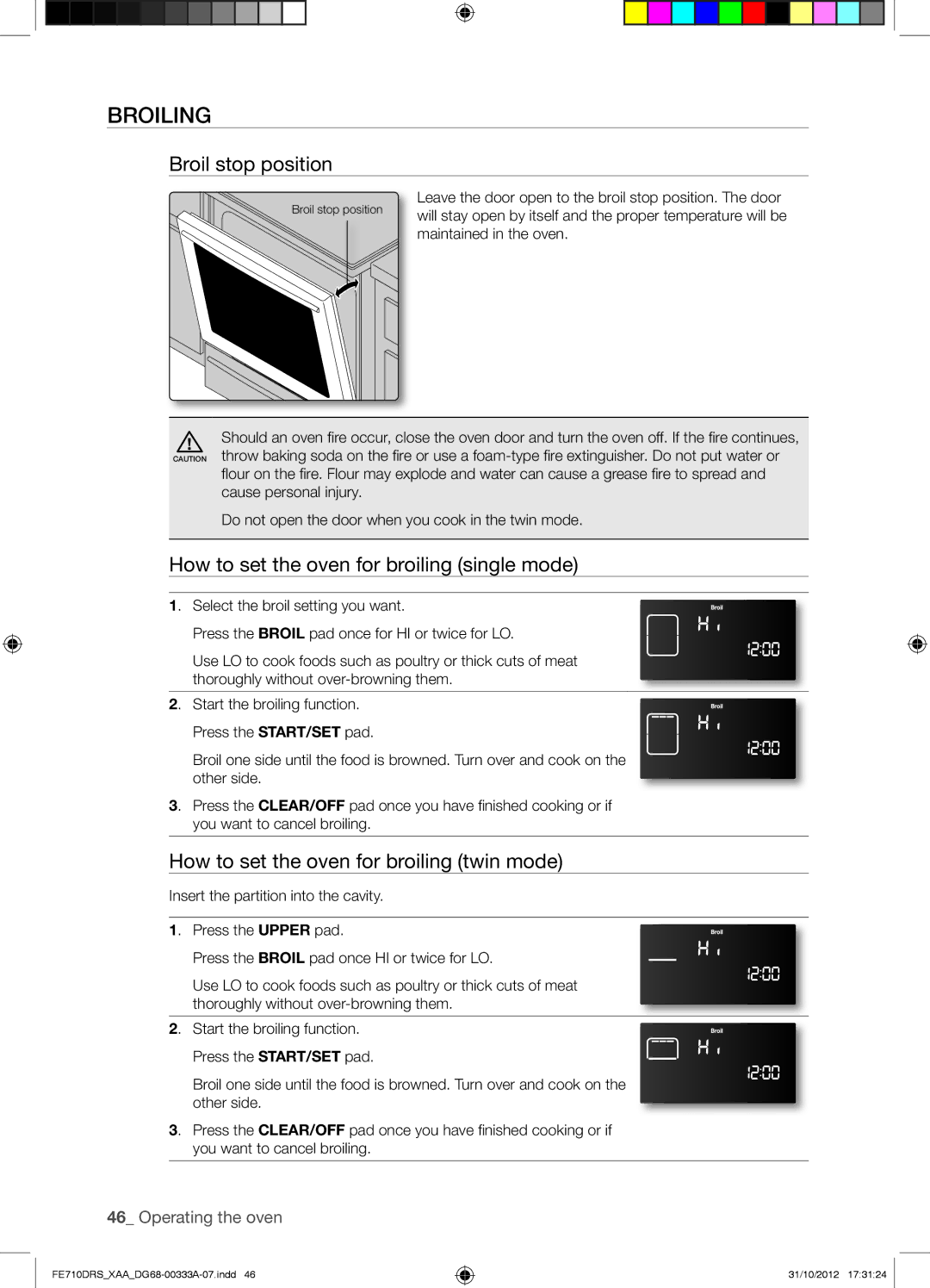 Samsung FE710DRSXXA user manual Broiling, Broil stop position, How to set the oven for broiling single mode 