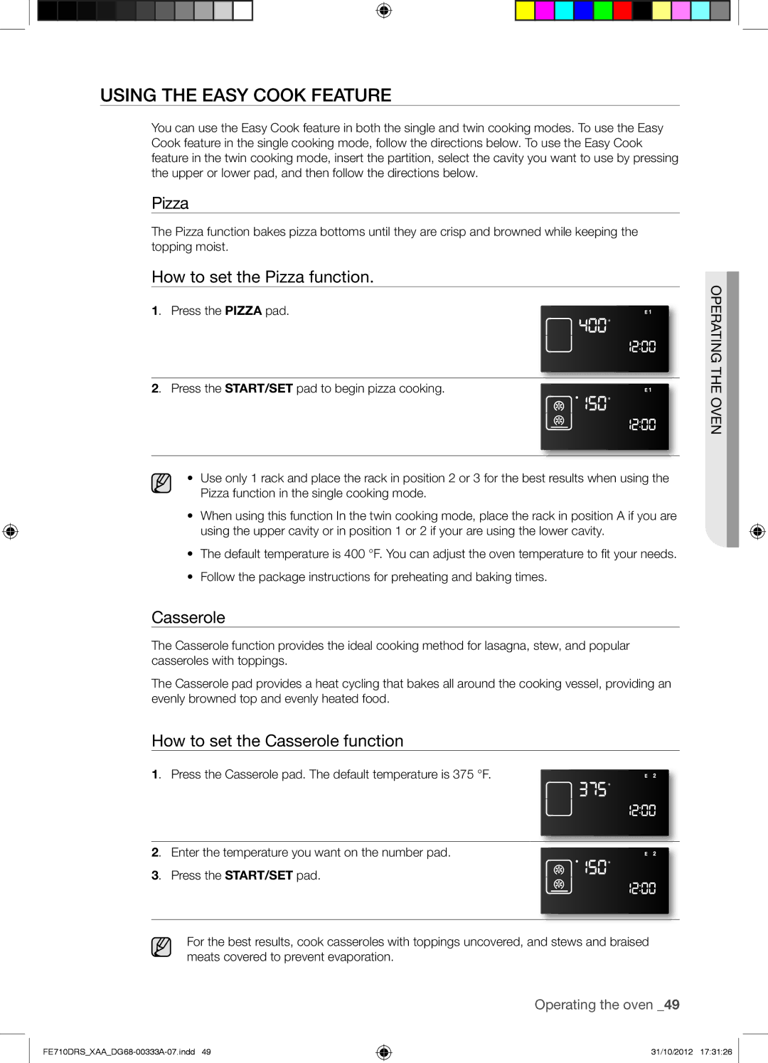 Samsung FE710DRSXXA user manual Using the Easy Cook Feature, How to set the Pizza function, Casserole 