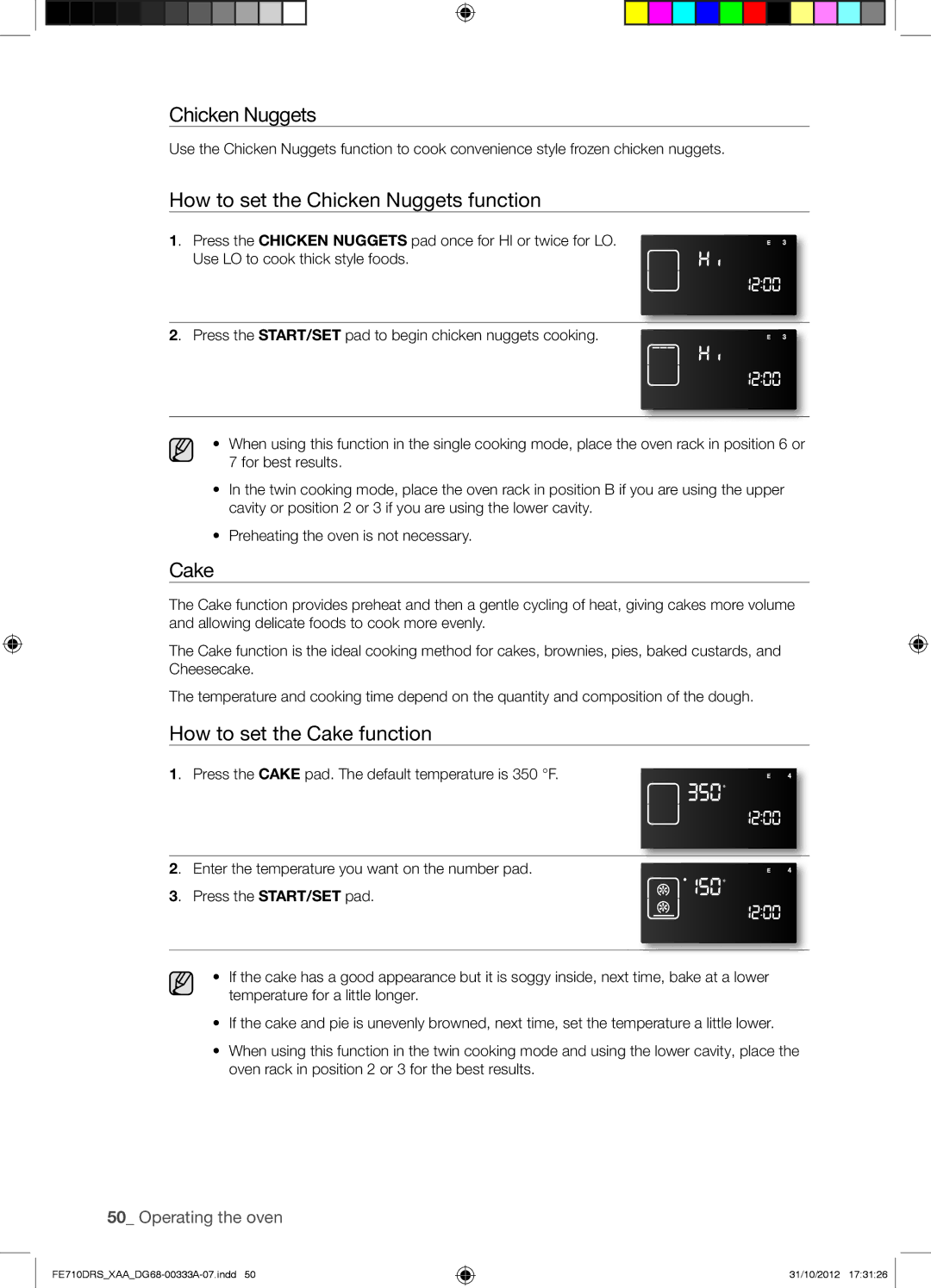 Samsung FE710DRSXXA user manual How to set the Chicken Nuggets function, How to set the Cake function 