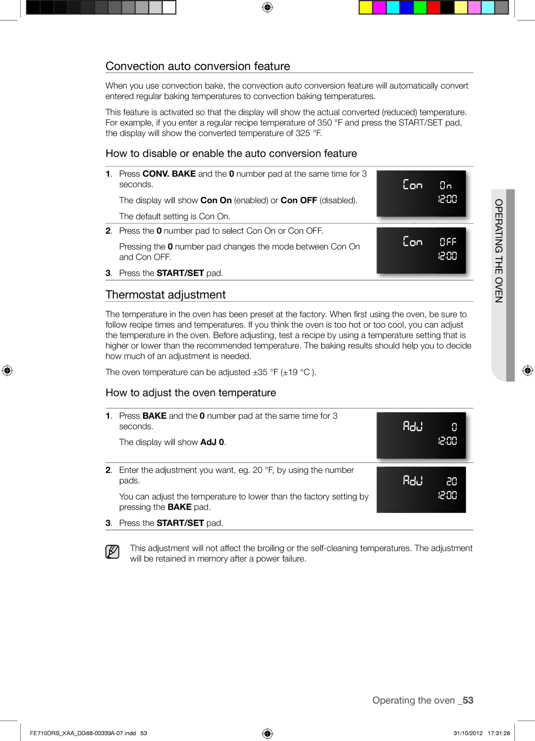 Samsung FE710DRSXXA user manual Convection auto conversion feature, Thermostat adjustment 