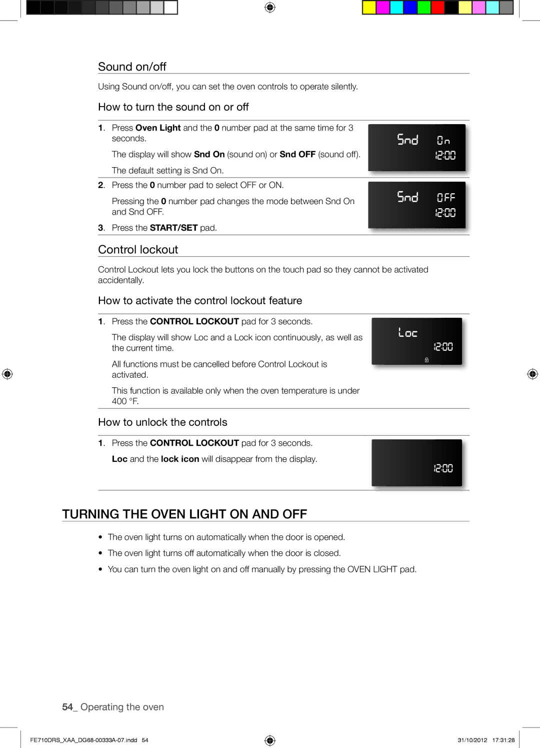 Samsung FE710DRSXXA user manual Turning the Oven Light on and OFF, Sound on/off, Control lockout 