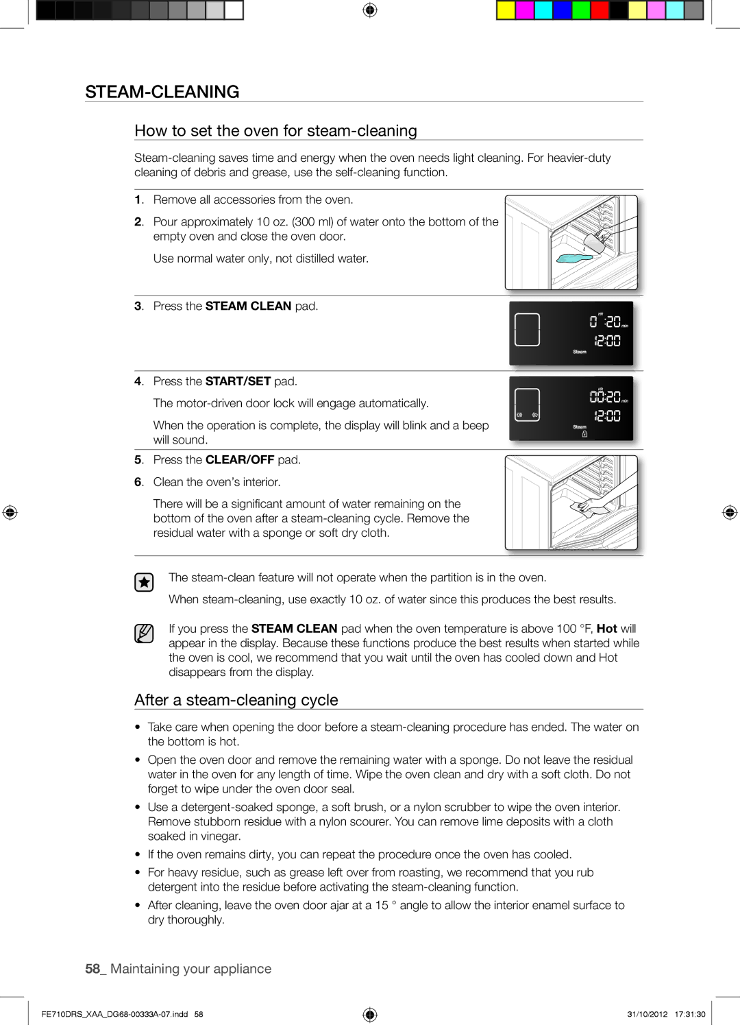 Samsung FE710DRSXXA user manual Steam-Cleaning, How to set the oven for steam-cleaning, After a steam-cleaning cycle 