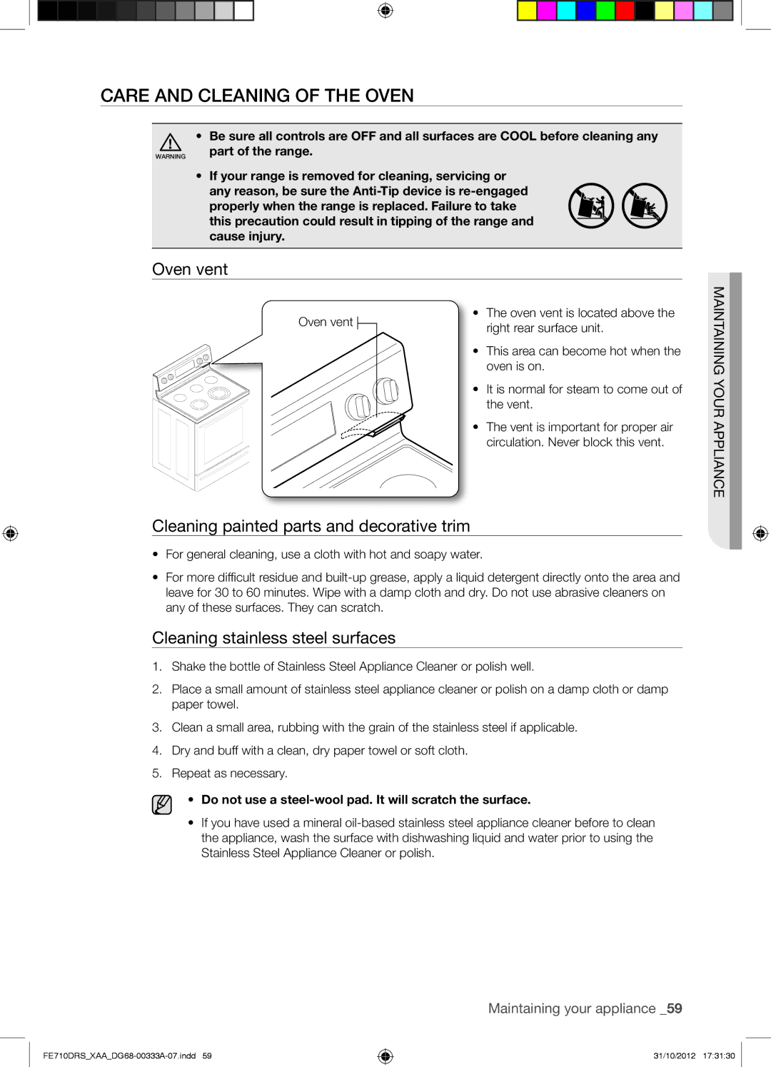 Samsung FE710DRSXXA user manual Care and Cleaning of the Oven, Oven vent, Cleaning painted parts and decorative trim 