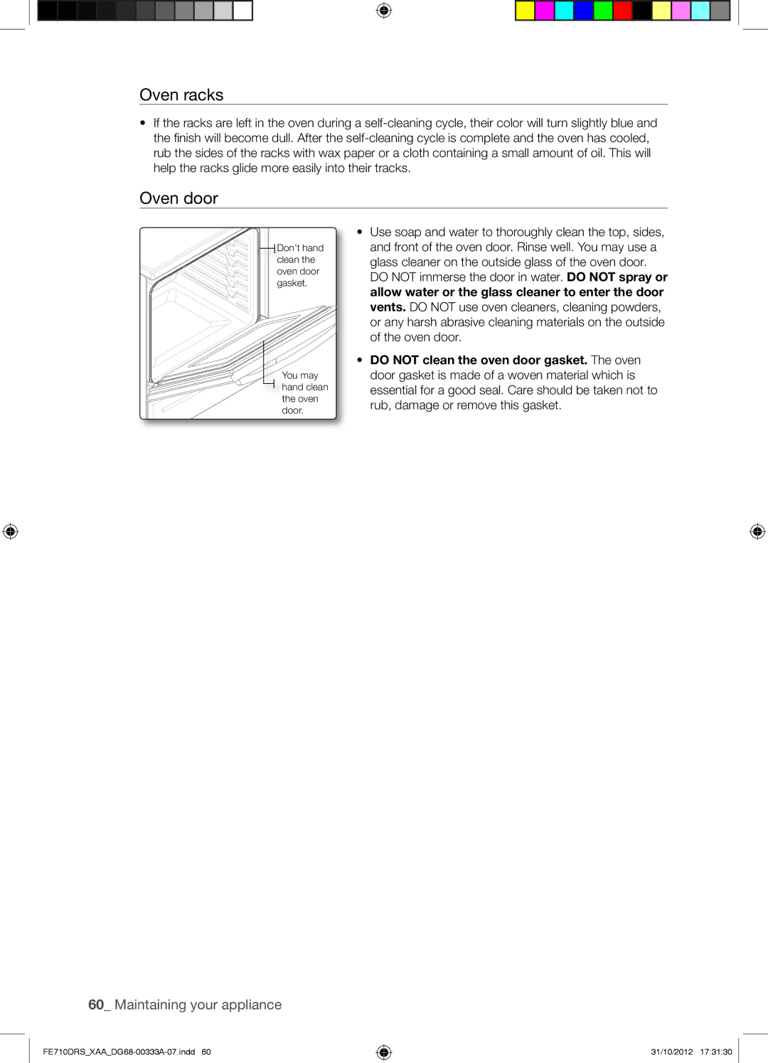 Samsung FE710DRSXXA user manual Oven racks, Oven door 