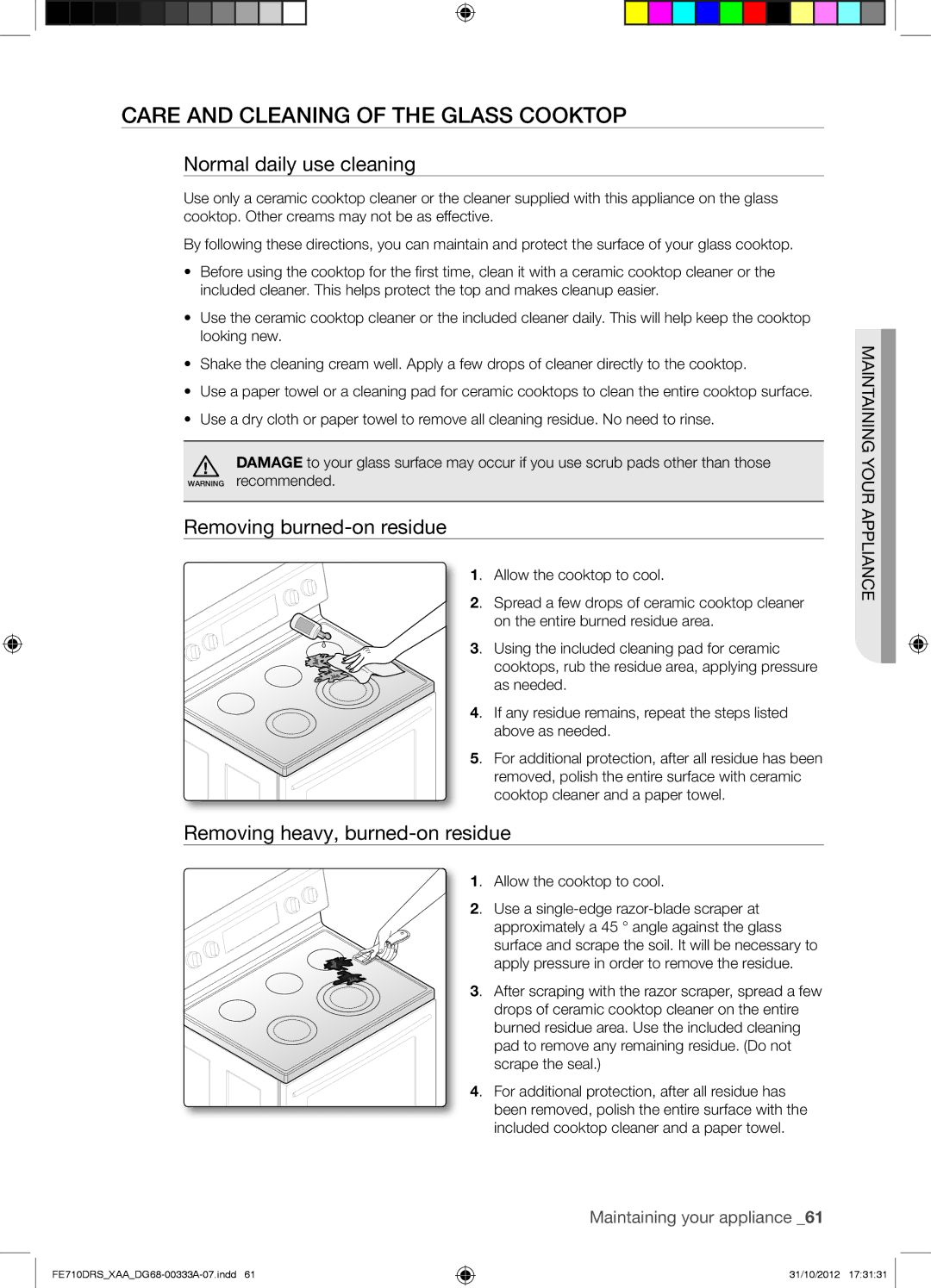 Samsung FE710DRSXXA Care and Cleaning of the Glass Cooktop, Normal daily use cleaning, Removing burned-on residue 