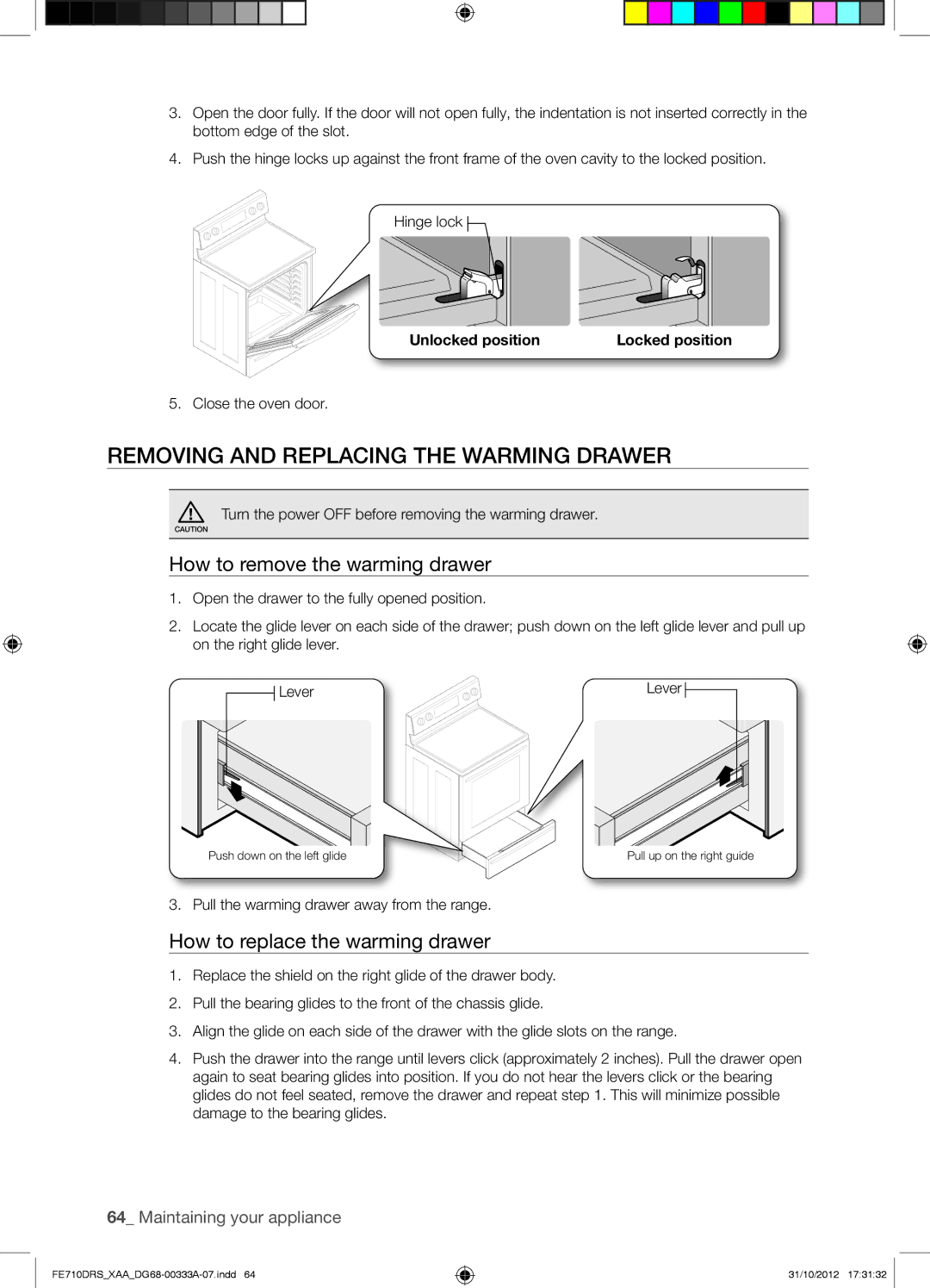 Samsung FE710DRSXXA user manual Removing and Replacing the Warming Drawer, How to remove the warming drawer 