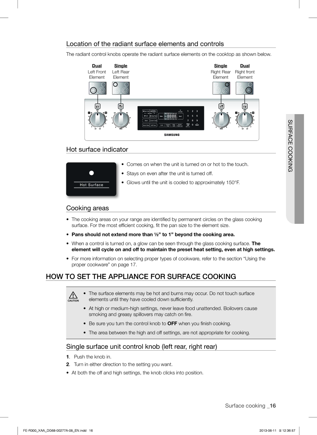 Samsung FER300SB HOW to SET the Appliance for Surface Cooking, Location of the radiant surface elements and controls 