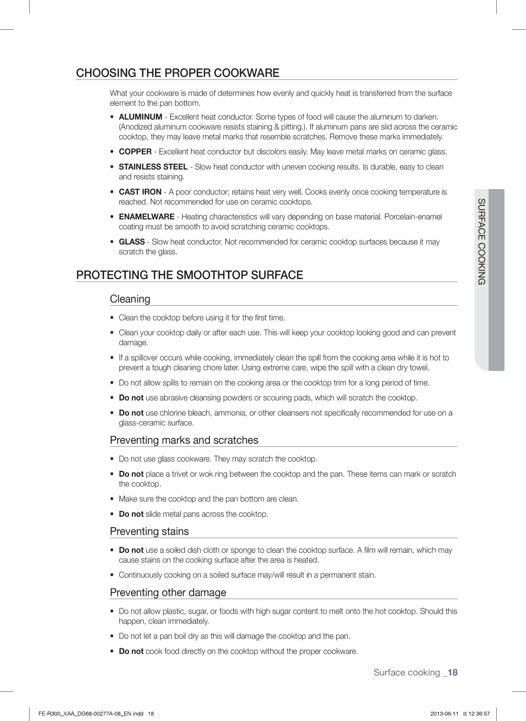 Samsung FER300SWPKG, FER300SXPKG, FER300SBPKG user manual Choosing the Proper Cookware, Protecting the Smoothtop Surface 