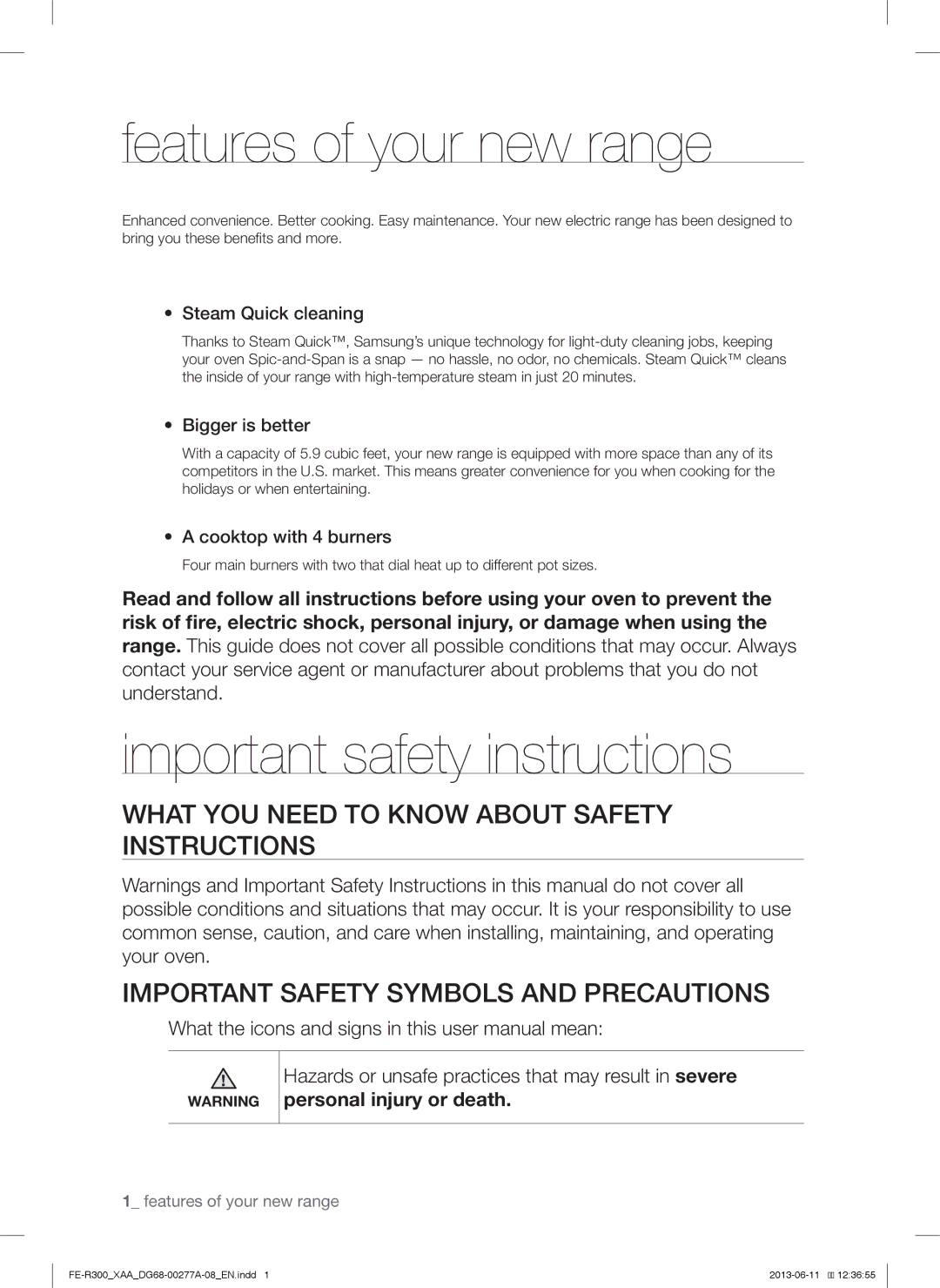 Samsung FER300SXPKG, FER300SWPKG, FER300SBPKG user manual Features of your new range, Important safety instructions 