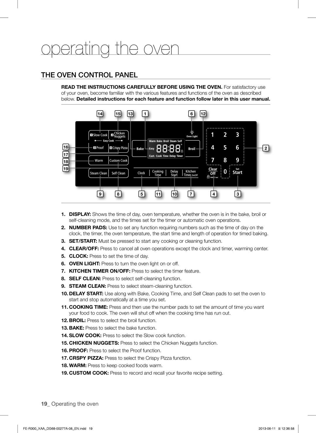 Samsung FER300SXPKG, FER300SWPKG, FER300SBPKG user manual Operating the oven, Oven Control Panel 