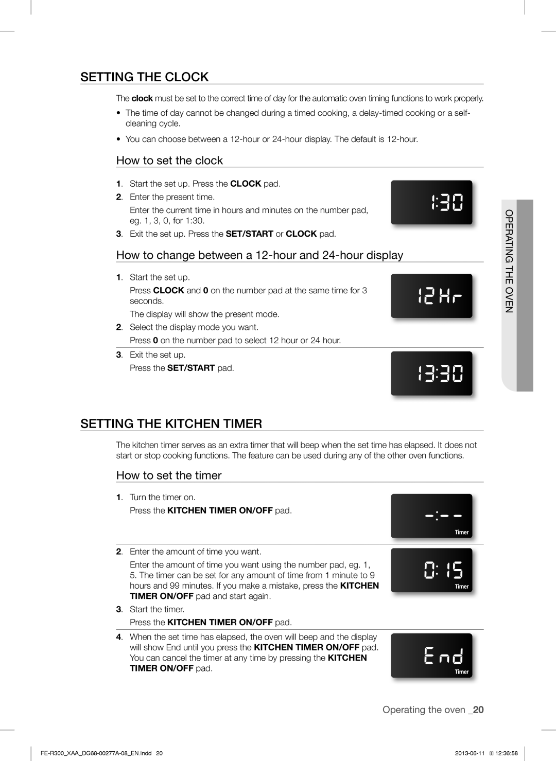 Samsung FER300SBPKG, FER300SXPKG Setting the Clock, Setting the Kitchen Timer, How to set the clock, How to set the timer 