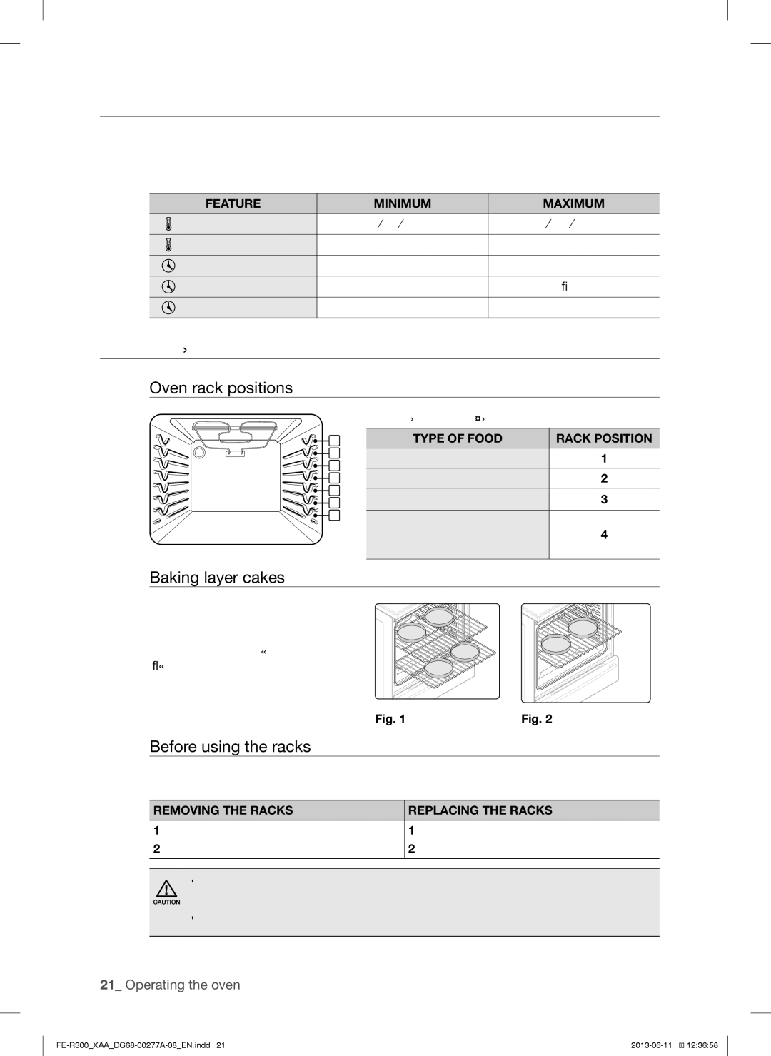 Samsung FER300SXPKG Minimum and Maximum Settings, Using the Oven Racks, Oven rack positions, Baking layer cakes 