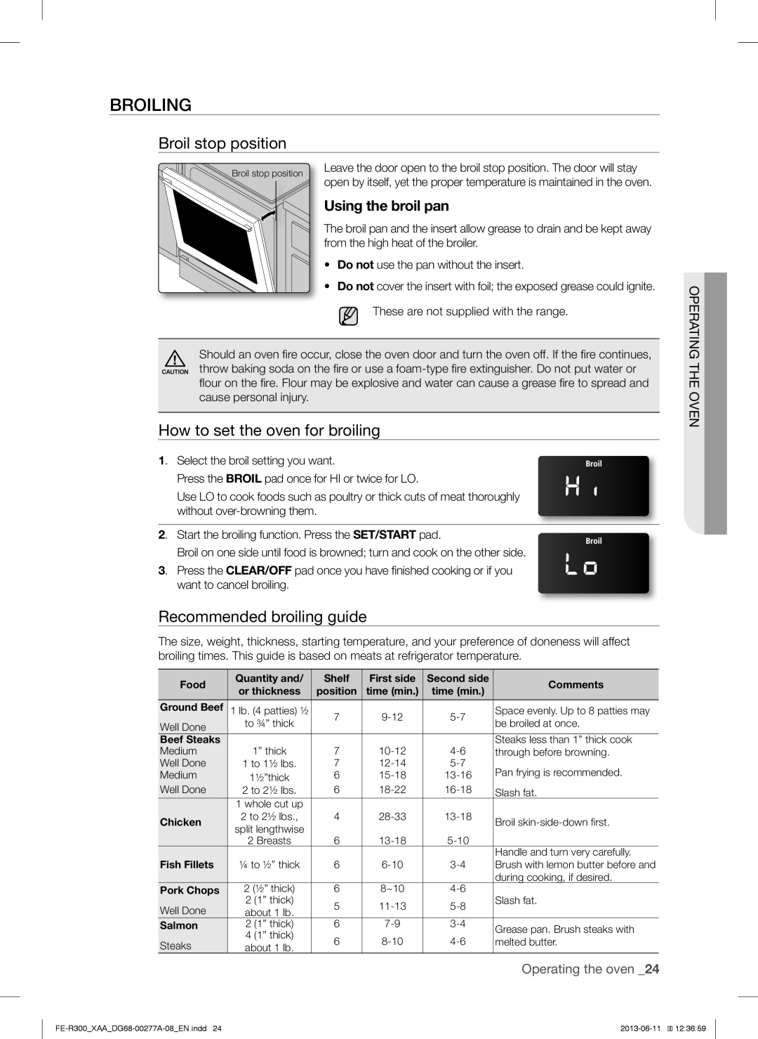 Samsung FER300SWPKG, FER300SX Broiling, Broil stop position, How to set the oven for broiling, Recommended broiling guide 