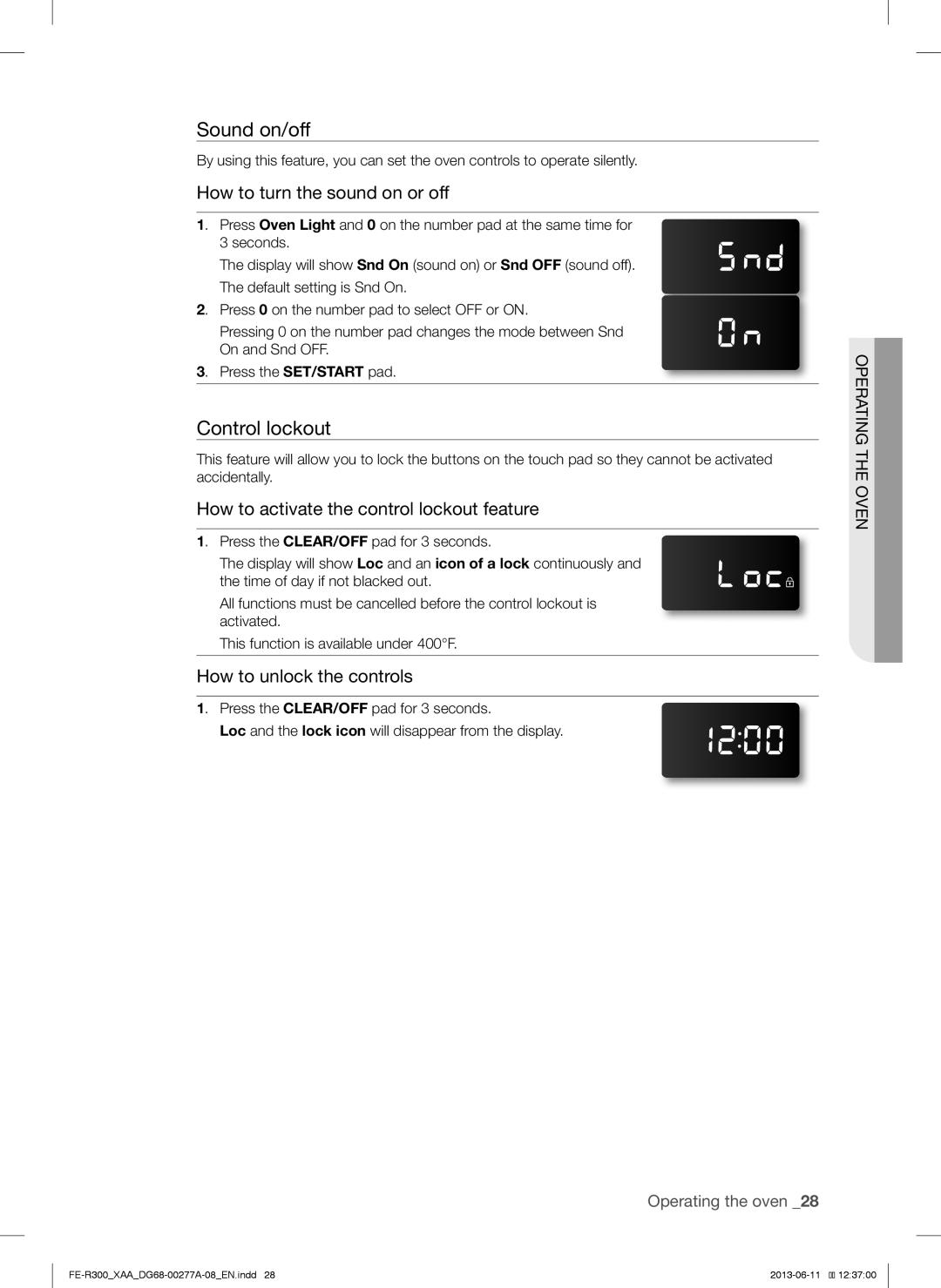 Samsung FER300SXPKG, FER300SWPKG, FER300SBPKG user manual Sound on/off, Control lockout 