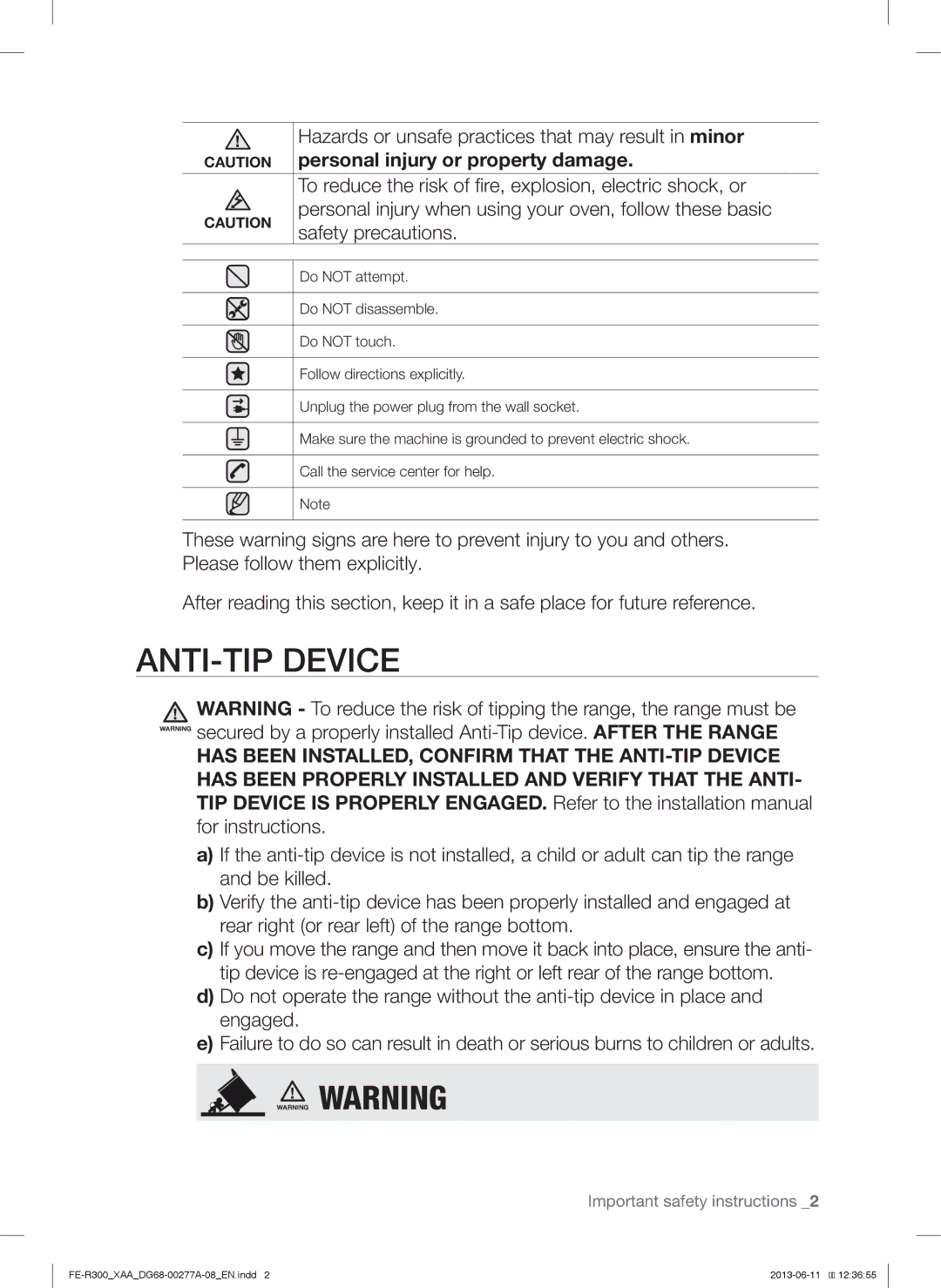 Samsung FER300SBPKG, FER300SXPKG ANTI-TIP Device, Hazards or unsafe practices that may result in minor, Safety precautions 