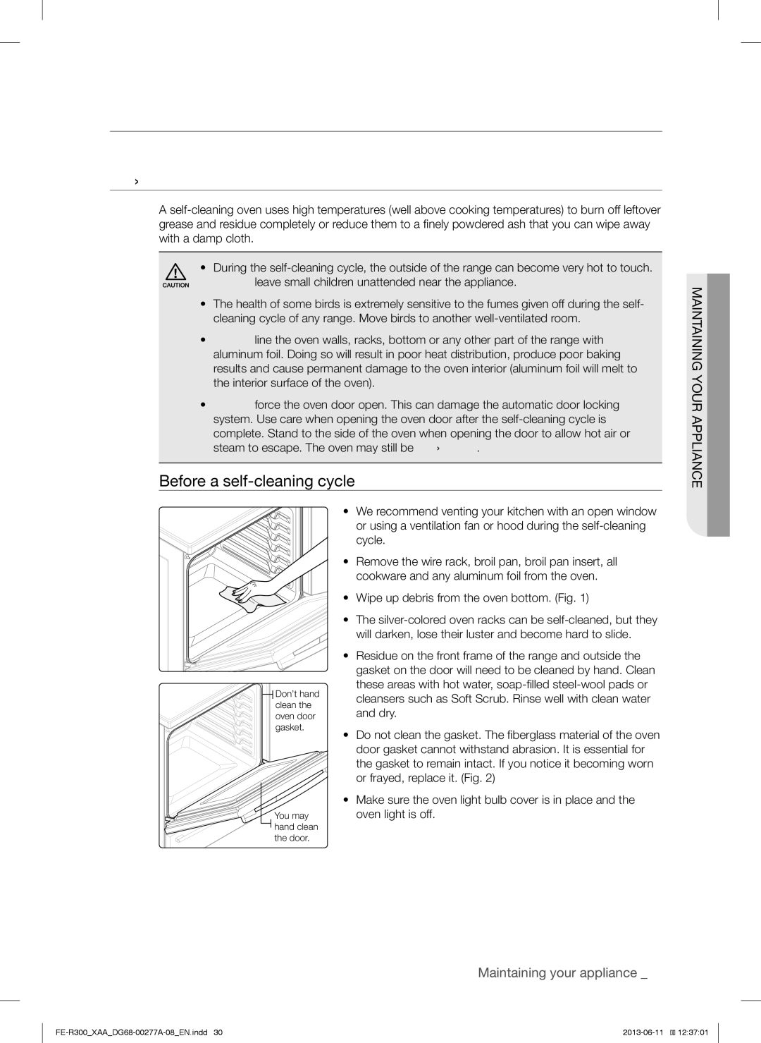 Samsung FER300SWPKG, FER300SXPKG, FER300SBPKG Maintaining your appliance, Self-Cleaning, Before a self-cleaning cycle 