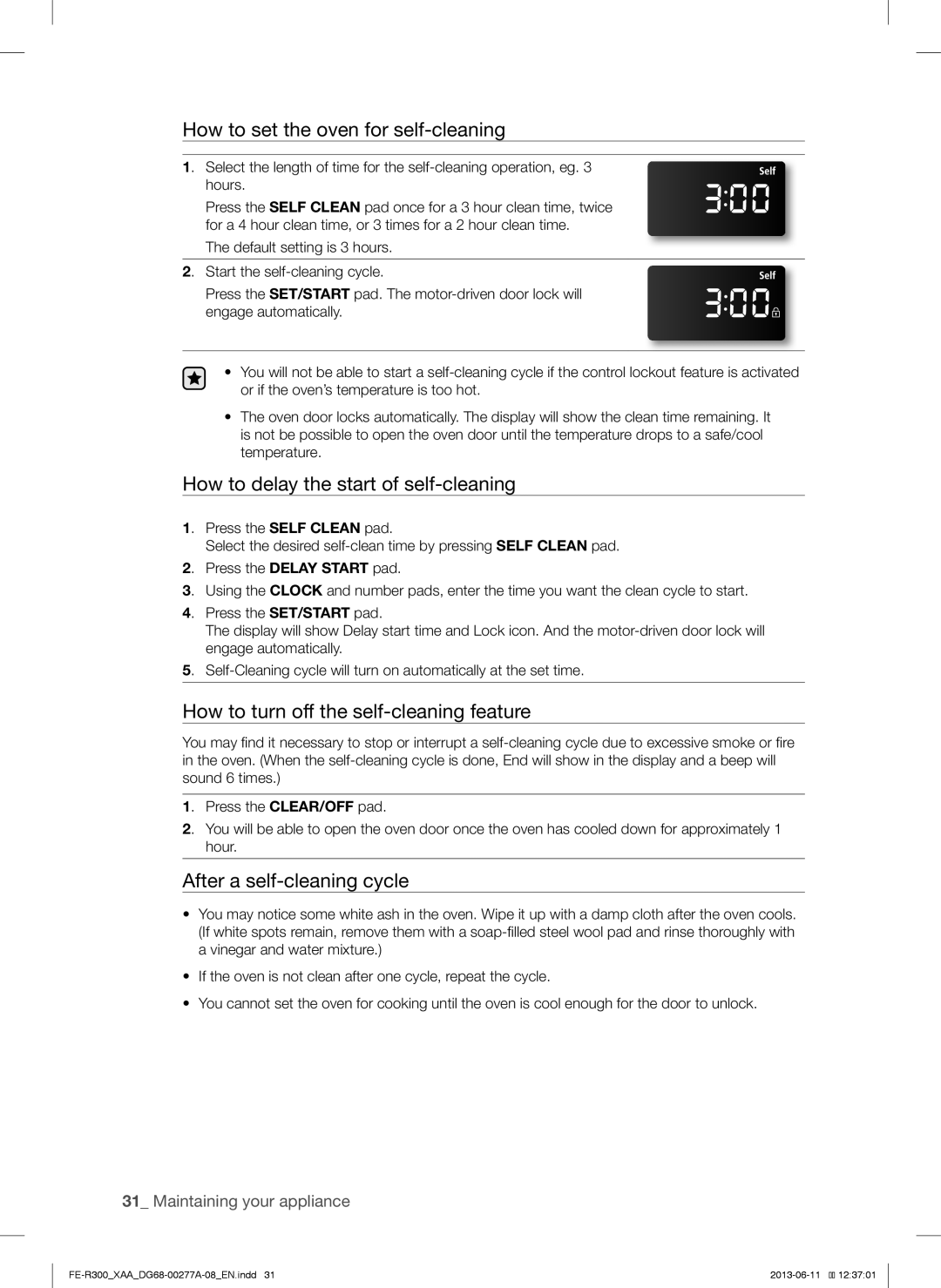 Samsung FER300SXPKG, FER300SWPKG How to set the oven for self-cleaning, How to delay the start of self-cleaning 