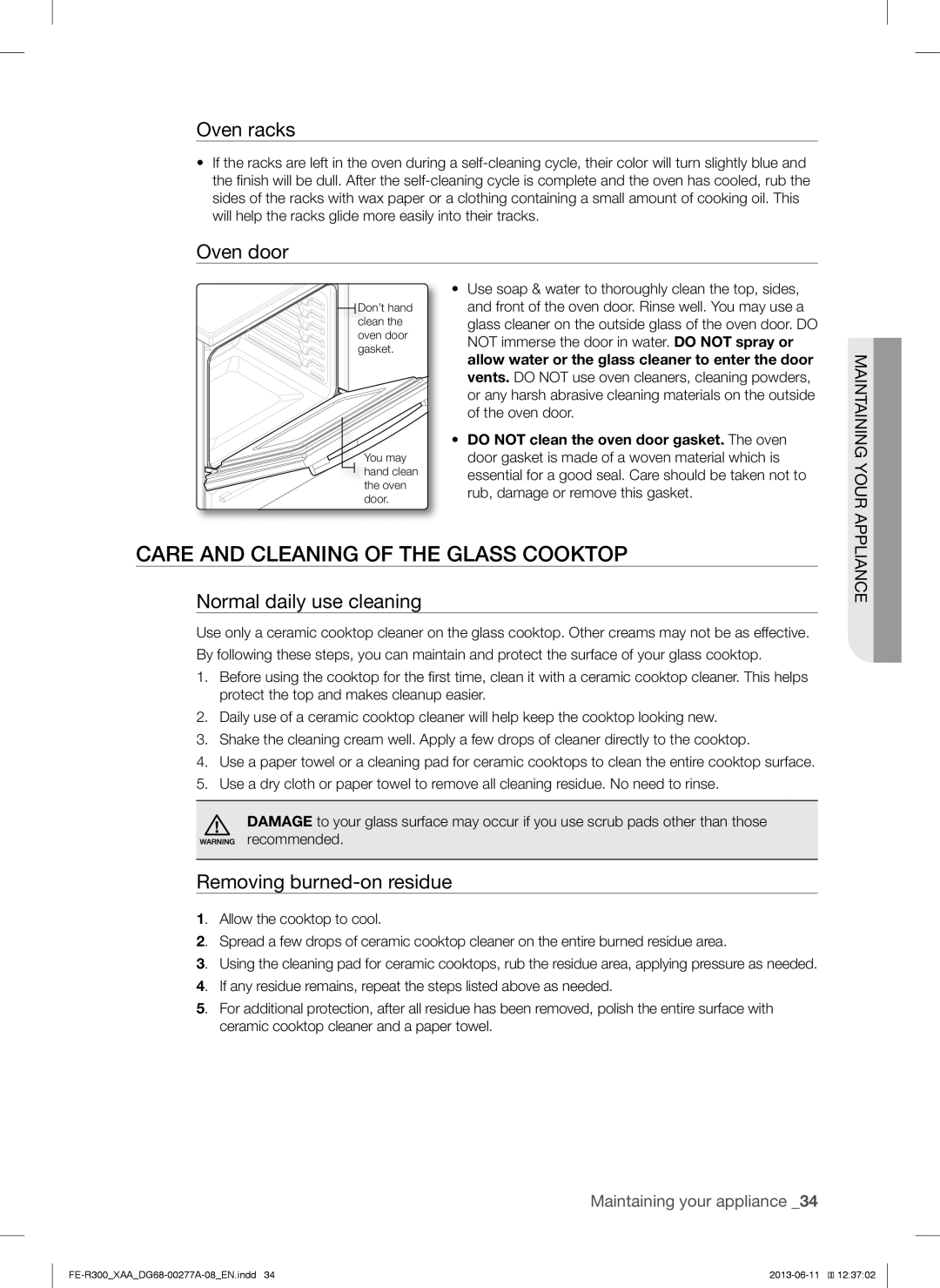 Samsung FER300SB, FER300SXPKG Care and Cleaning of the Glass Cooktop, Oven racks, Oven door, Normal daily use cleaning 