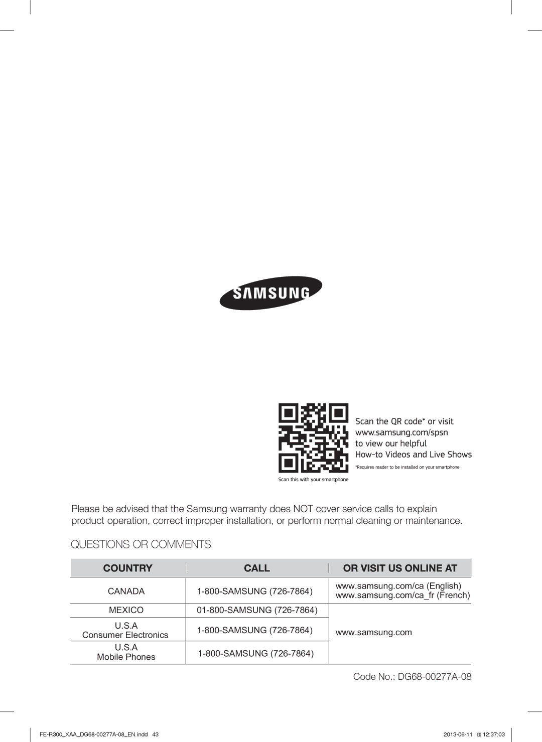 Samsung FER300SXPKG, FER300SWPKG, FER300SBPKG user manual Code No. DG68-00277A-08 