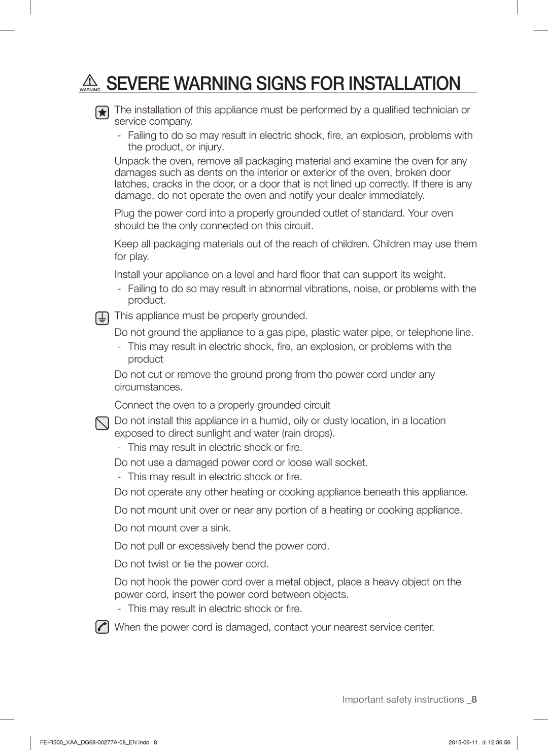 Samsung FER300SBPKG, FER300SXPKG, FER300SWPKG user manual Important safety instructions 