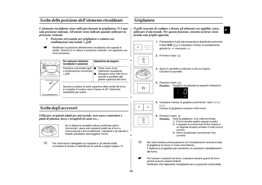 Samsung FG77KUST/XET manual Scelta della posizione dell’elemento riscaldante Grigliatura, Scelta degli accessori 