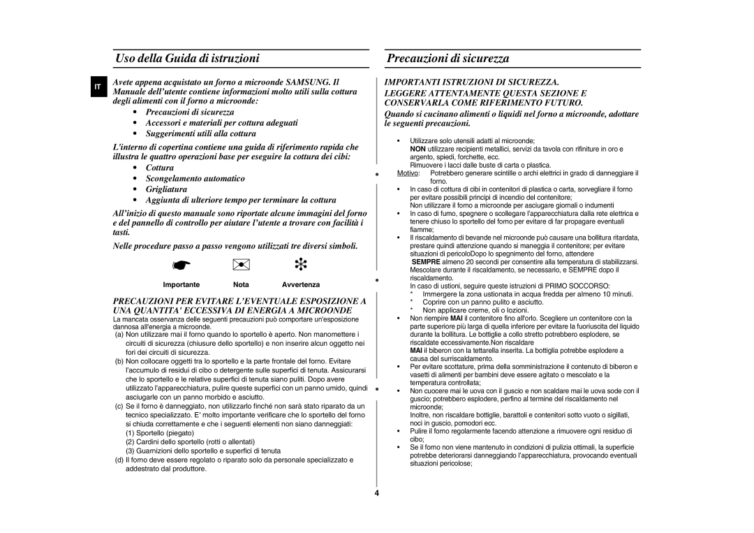 Samsung FG77KUST/XET manual Uso della Guida di istruzioni Precauzioni di sicurezza, Importante Nota Avvertenza 