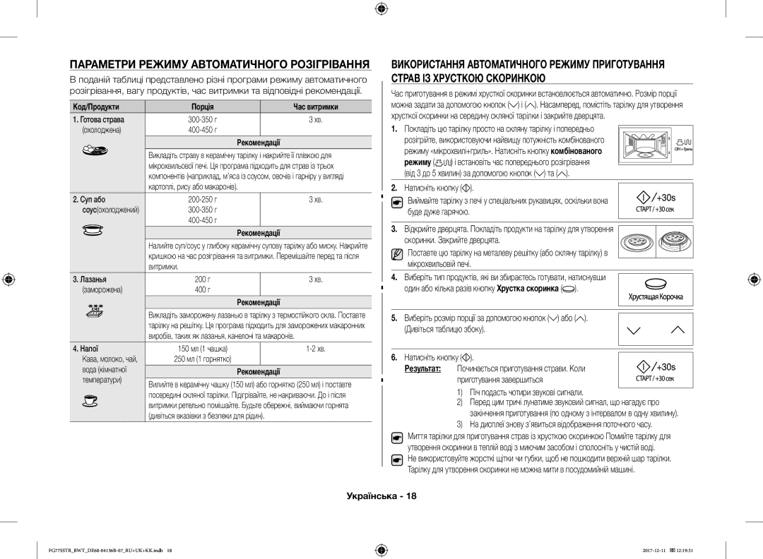 Samsung FG77SSTR/BWT manual Параметри Режиму Автоматичного Розігрівання, Піч подасть чотири звукові сигнали, Код/Продукти 