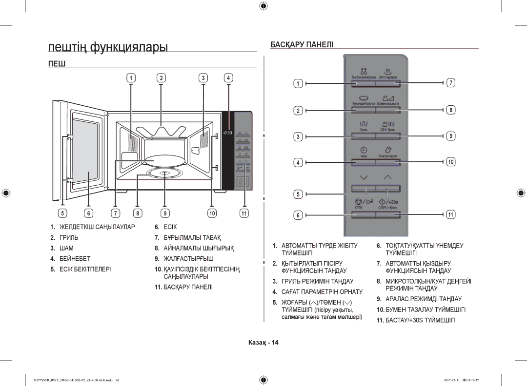 Samsung FG77SSTR/BWT manual Пештің функциялары, ПЕШ Басқару Панелі, Түймешігі пісіру уақыты, Салмағы және тағам мөлшері 