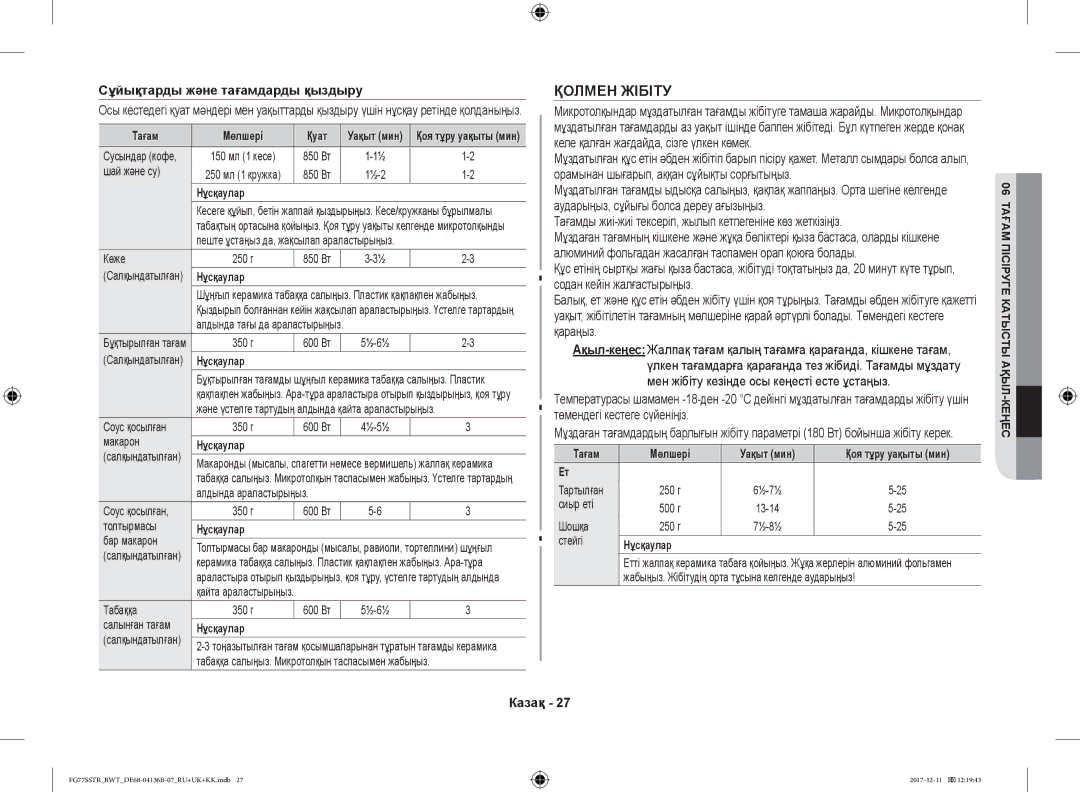 Samsung FG77SSTR/BWT manual Қолмен Жібіту, Сұйықтарды және тағамдарды қыздыру, Тағам Мөлшері Қуат 