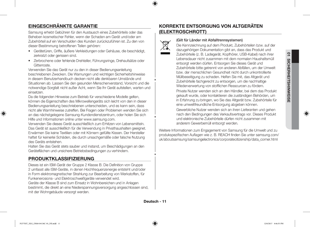 Samsung FG77SUB/XEF Eingeschränkte Garantie, Produktklassifizierung, Korrekte Entsorgung VON Altgeräten Elektroschrott 