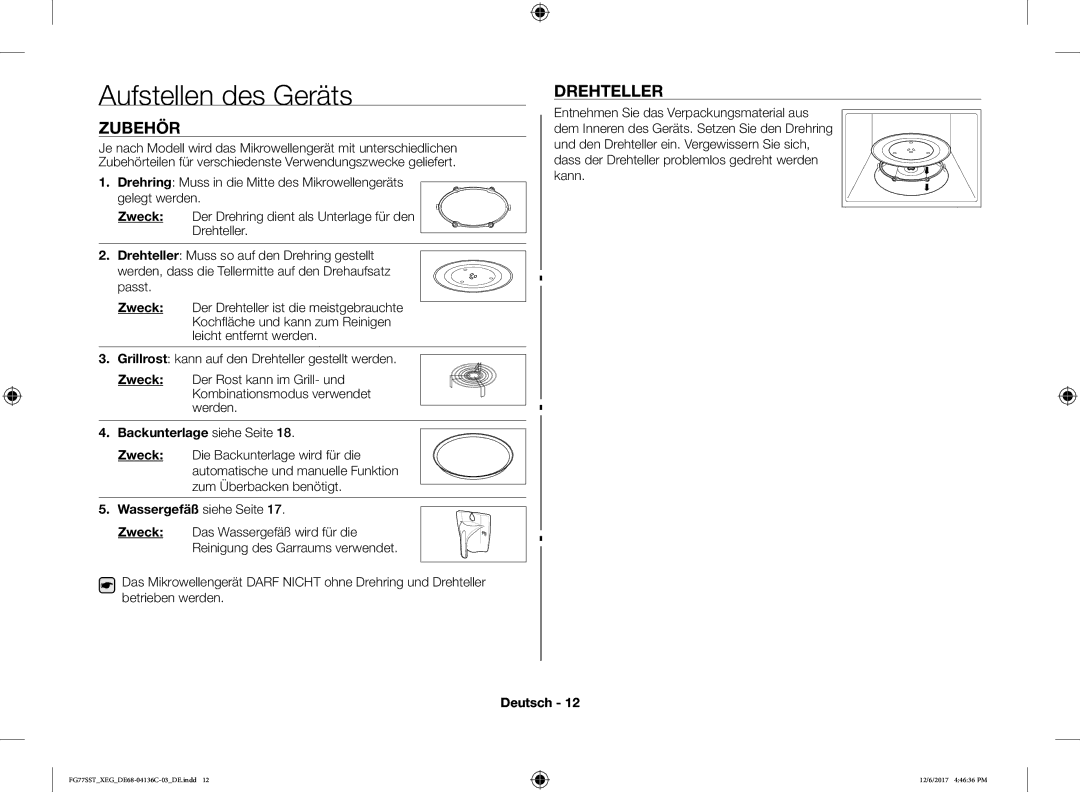 Samsung FG77SST/XEG, FG77SUST/XEG, FG77SUB/XEG, FG77SUST/XET, FG77SUST/XEF manual Aufstellen des Geräts, Zubehör, Drehteller 