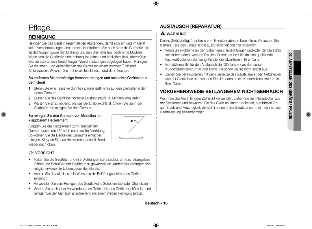 Samsung FG77SUST/XEG, FG77SST/XEG manual Pflege, Reinigung, Austausch Reparatur, Vorgehensweise BEI Längerem Nichtgebrauch 